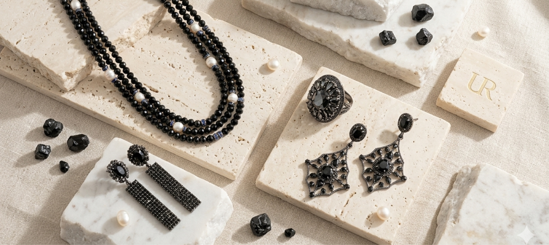 Black spinel jewelry in sterling silver and 14k gold by Ulka Rocks