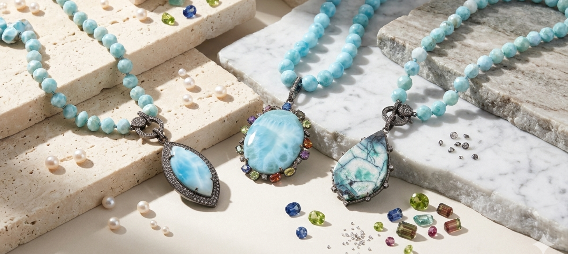 Larimar pendant necklaces with aqua beads displayed on marble and stone with colorful gemstones.