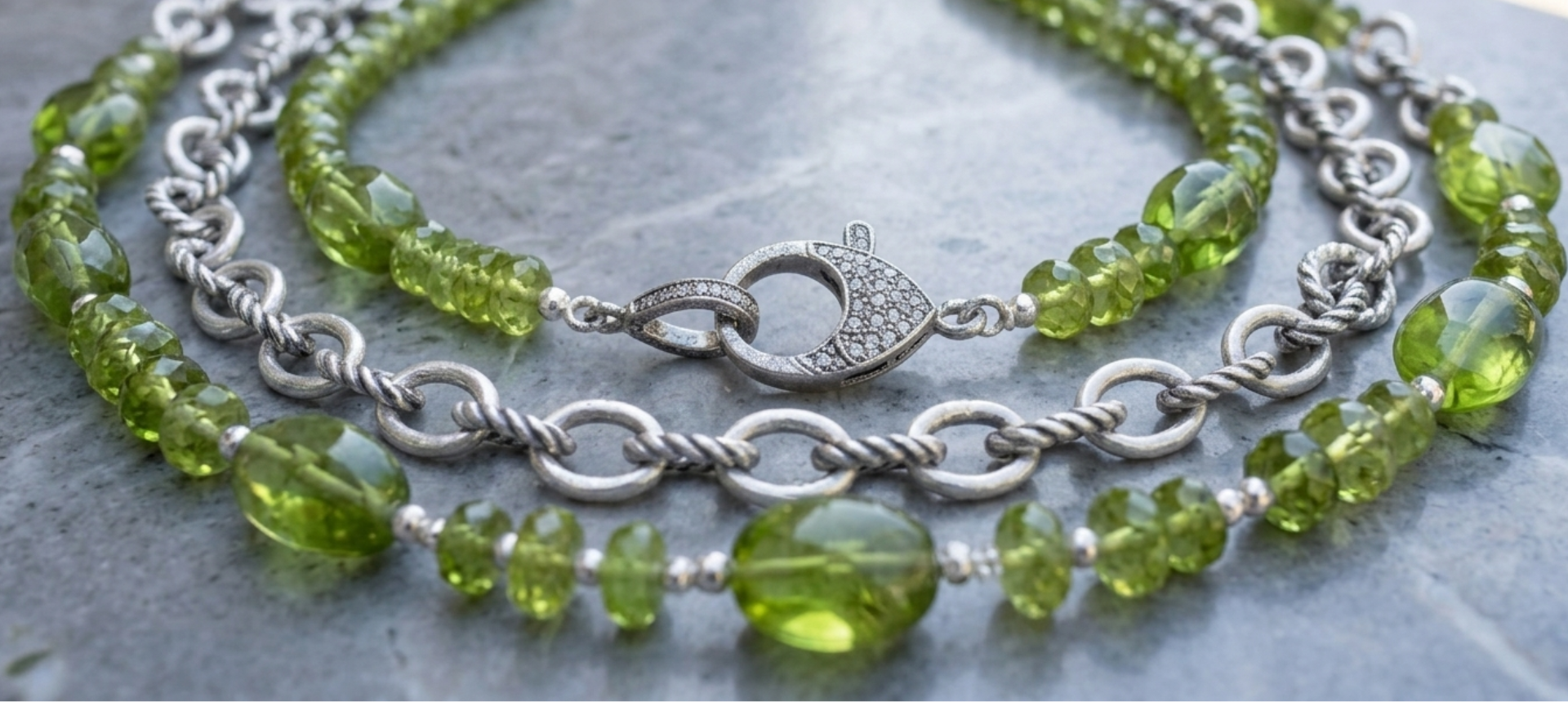 One-of-a-kind peridot jewelry in sterling silver and 14k gold by Ulka Rocks
