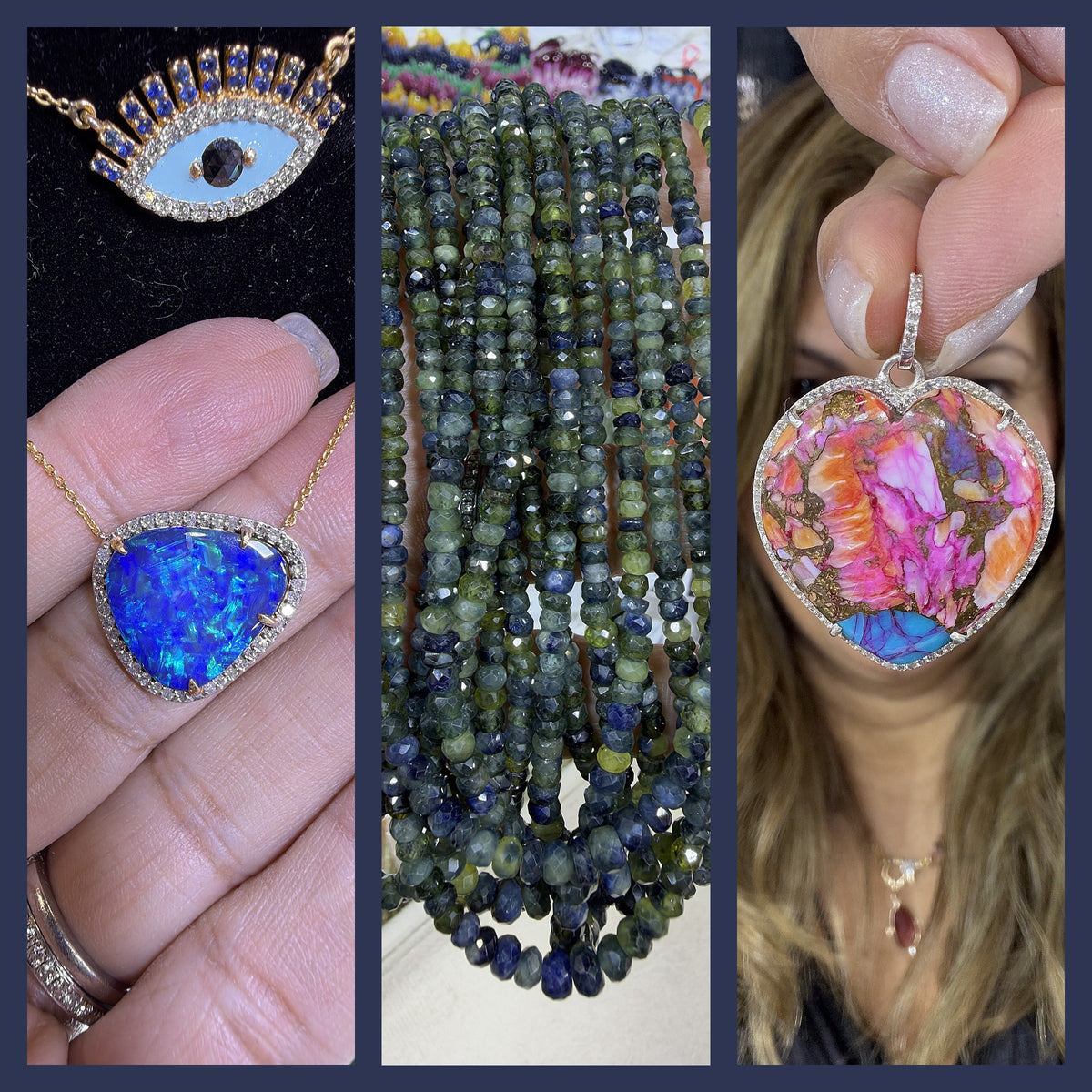 Dallas Show Finds, October 2026: opal pendant, green sapphire beads and a pink heart pendant