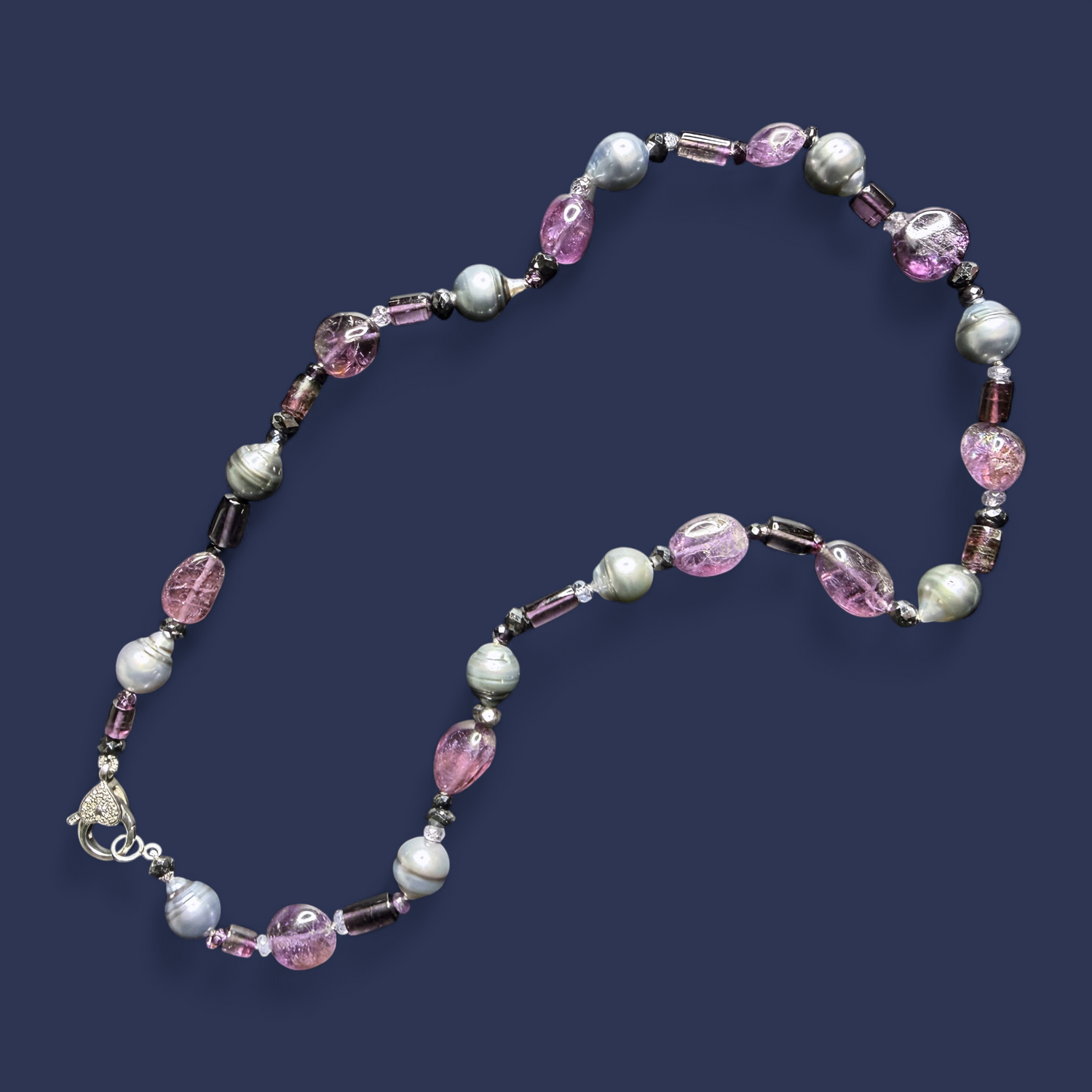 18" Multi-Color Spinel & Tahitian Pearl Necklace, Sterling Silver Pavé Diamond Clasp | Collector's Piece | Feel Effortless