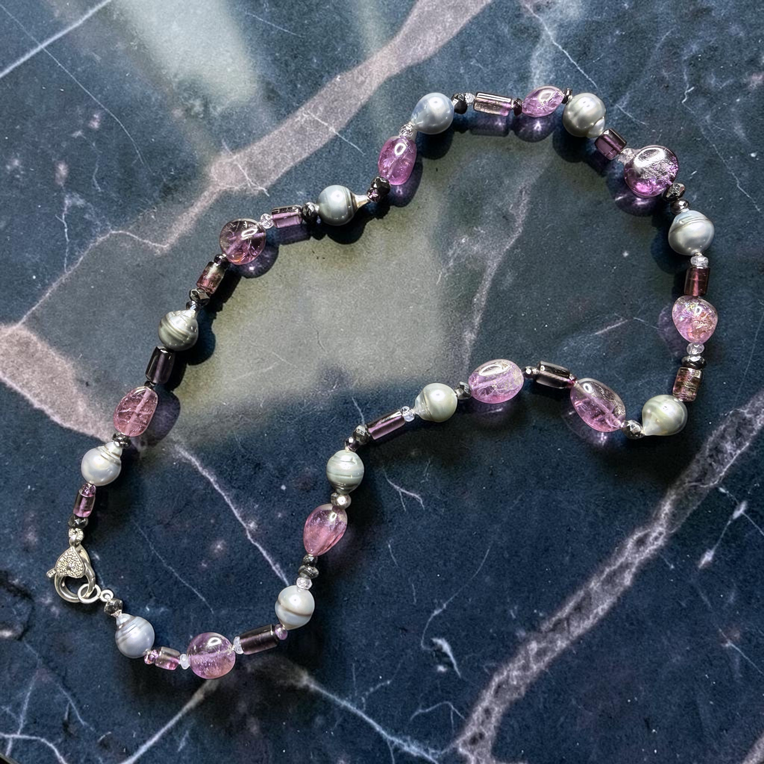 18" Multi-Color Spinel & Tahitian Pearl Necklace, Sterling Silver Pavé Diamond Clasp | Collector's Piece | Feel Effortless