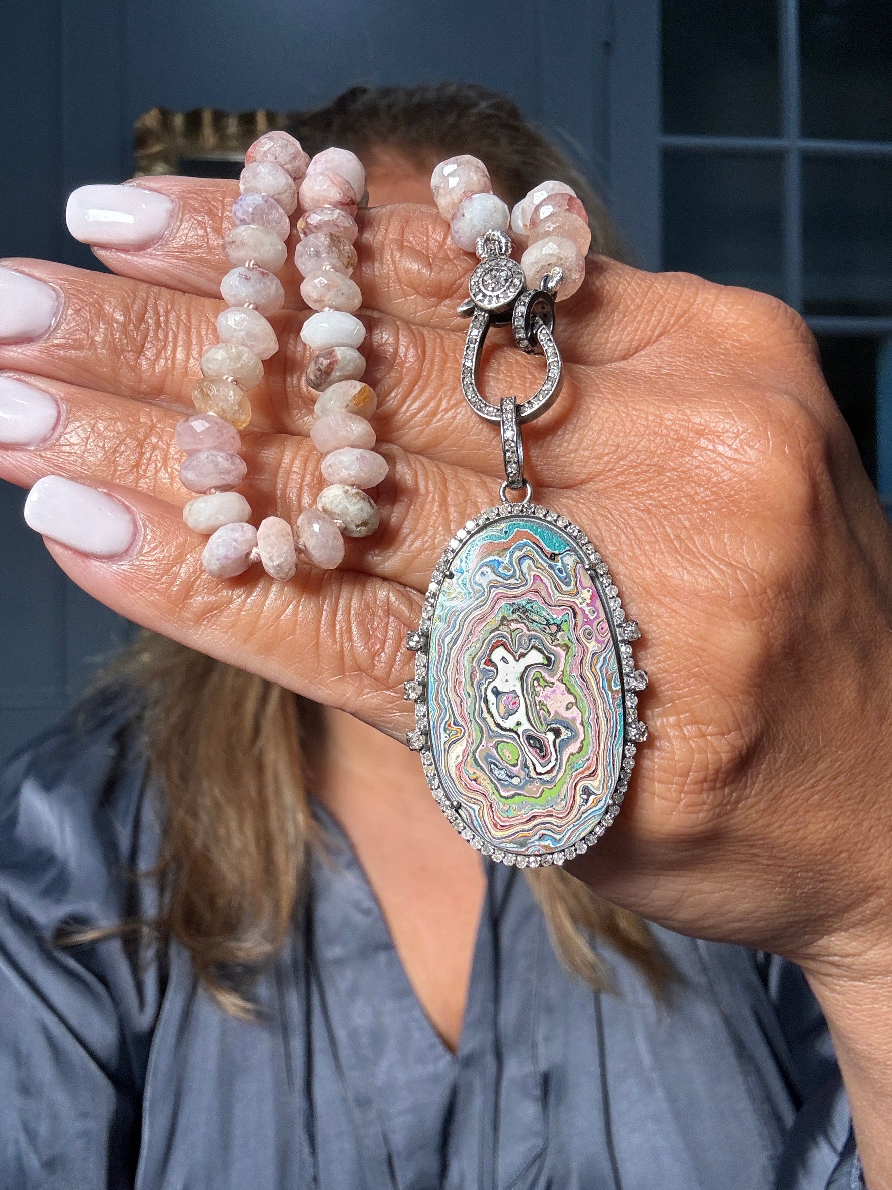 16" Morganite Necklace with Diamond Clasp & Vintage Playground Pink Fordite Pendant | Ulka Rocks