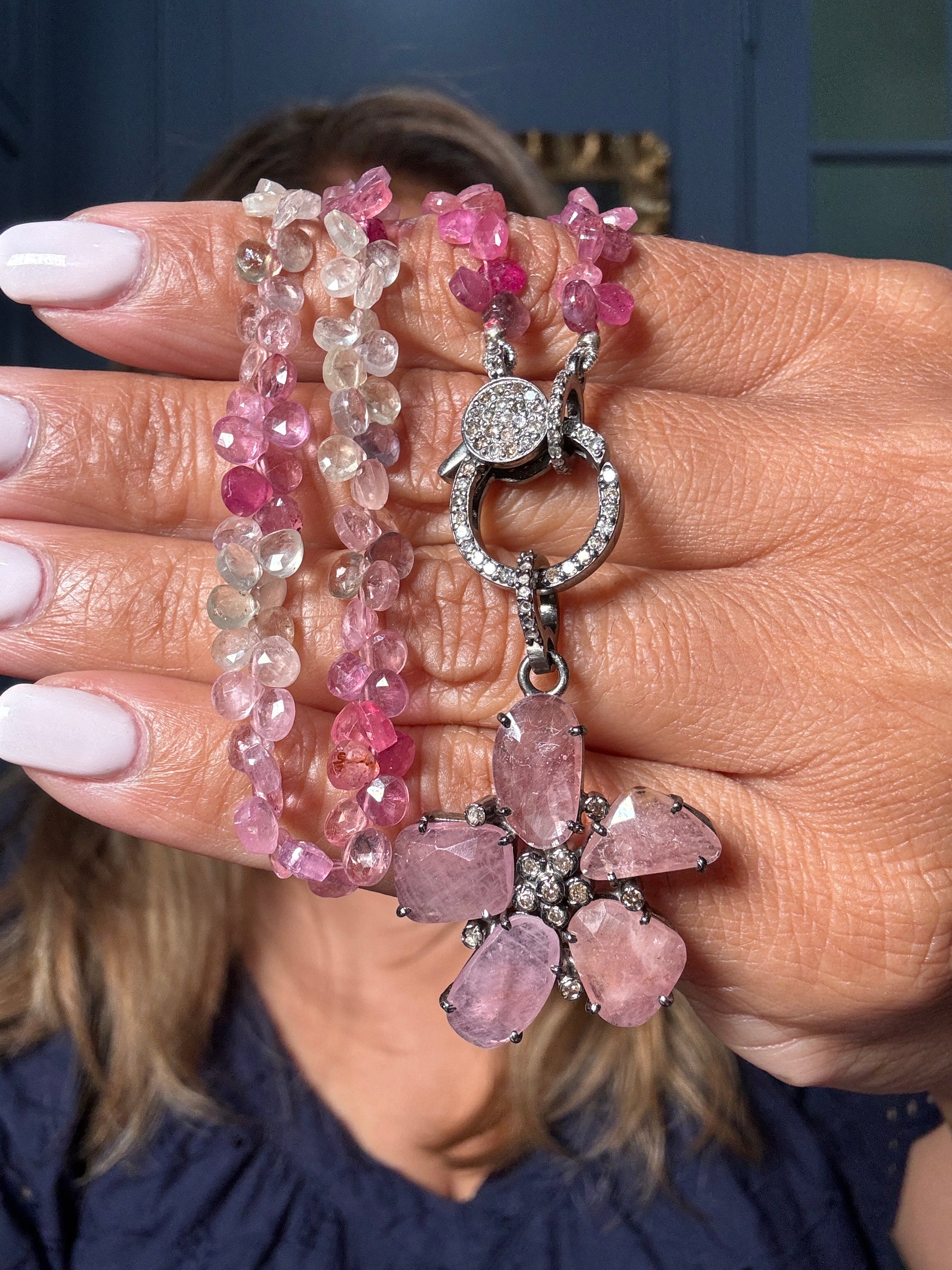 16.5" Pink Pink Sapphire Necklace with Diamond Clasp & Floral Sapphire Pendant | Ulka Rocks