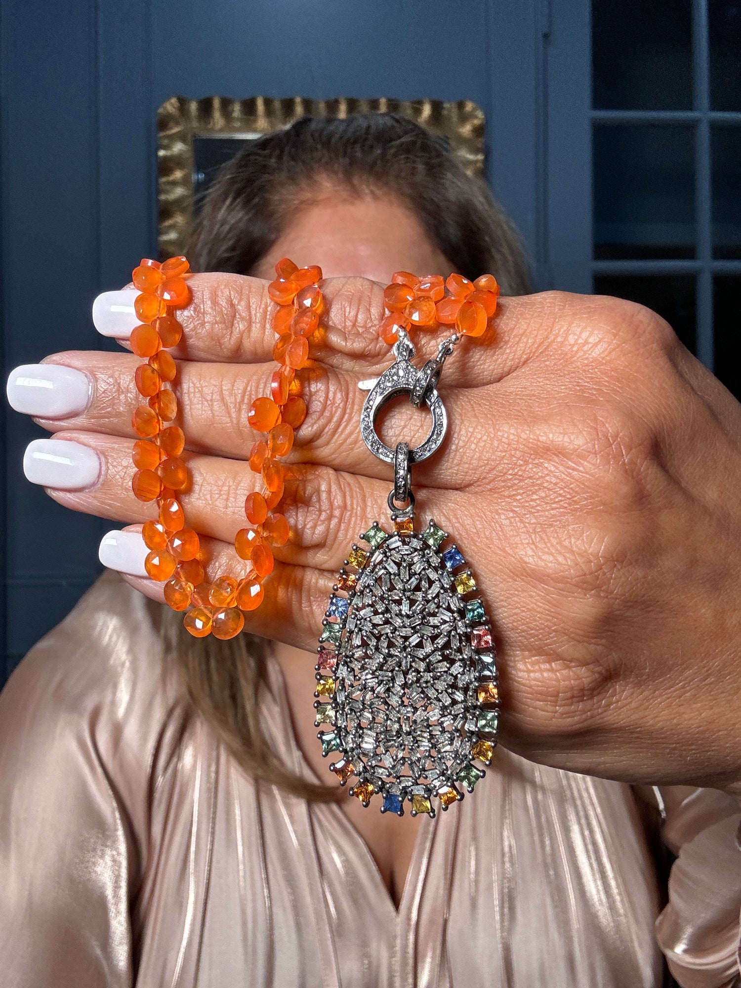 17.5" Carnelian Necklace with Diamond Clasp & Rainbow Rainbow Sapphire Pendant | Ulka Rocks