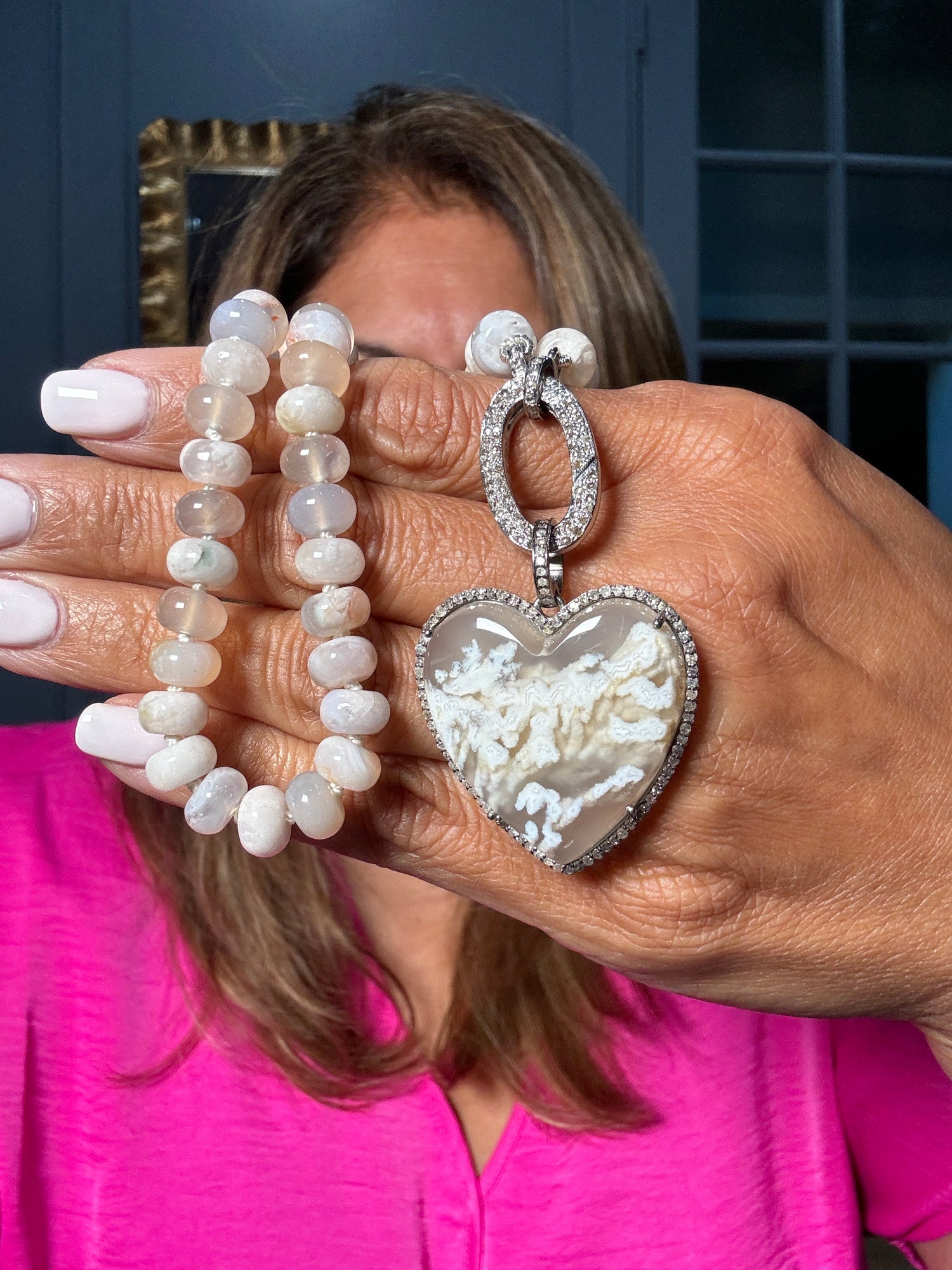 18" Cherry Blossom White Agate Necklace with Diamond Clasp & Plume Agate Heart Pendant | Ulka Rocks