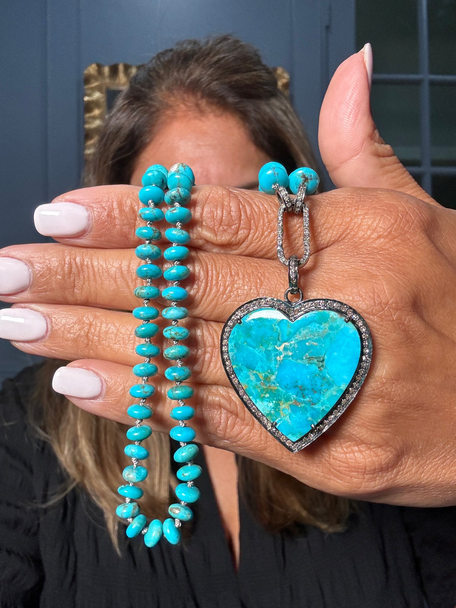 18" Kingman Blue Turquoise Necklace with Diamond Clasp & Heart Pendant | Ulka Rocks