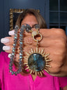 Faceted gray labradorite necklace with gold pavé diamond clasp and round labradorite sunburst pendant — a luminous, one-of-a-kind Ulka Rocks design with bold polish.