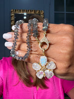 18" Gray Labradorite Necklace with Gold Diamond Clasp & Moonstone Floral Pendant | Ulka Rocks