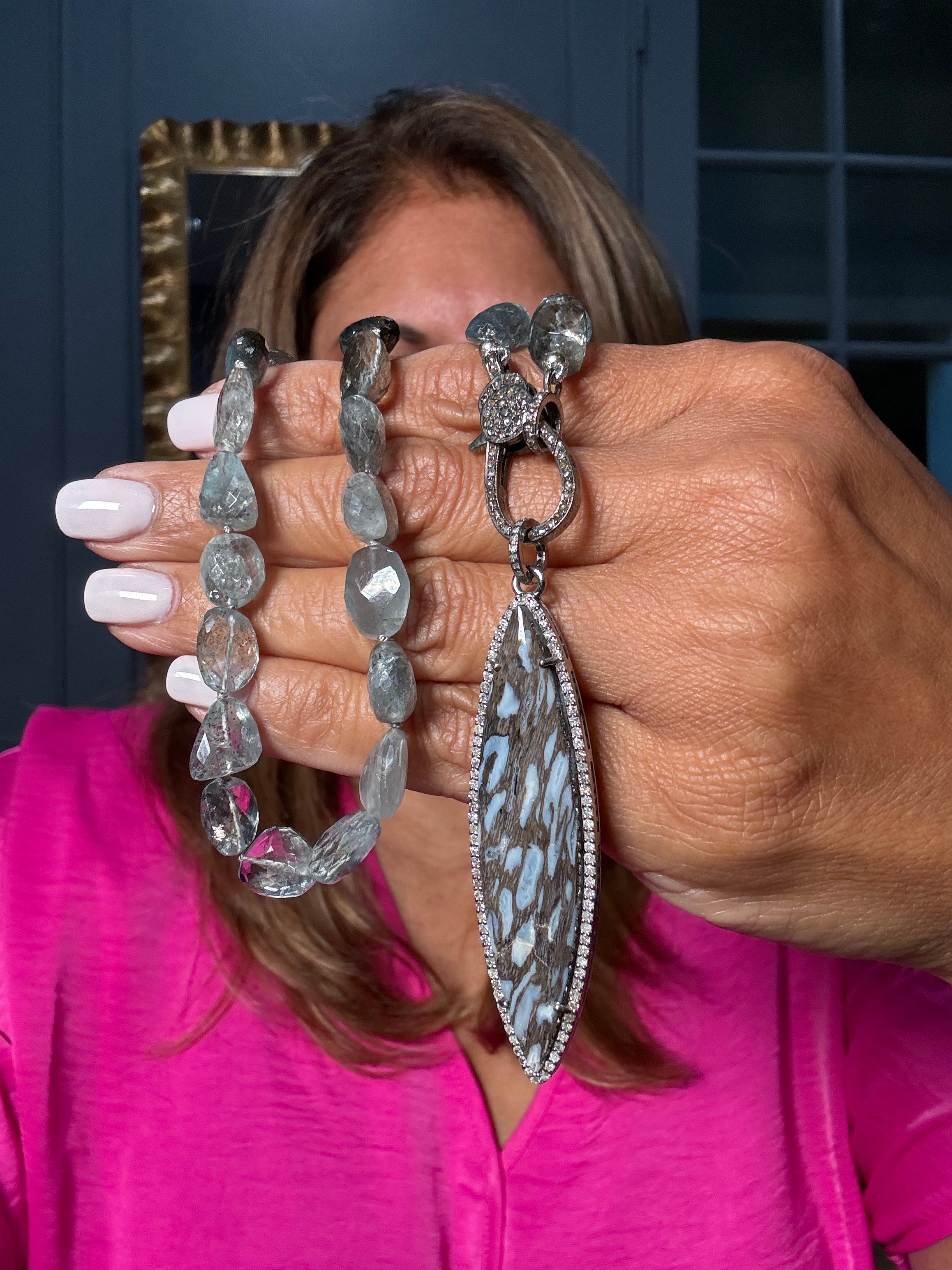 Moss aquamarine necklace with a marquise-shaped opalized wood pendant framed in diamonds and sterling silver. A bold and earthy Ulka Rocks statement piece.