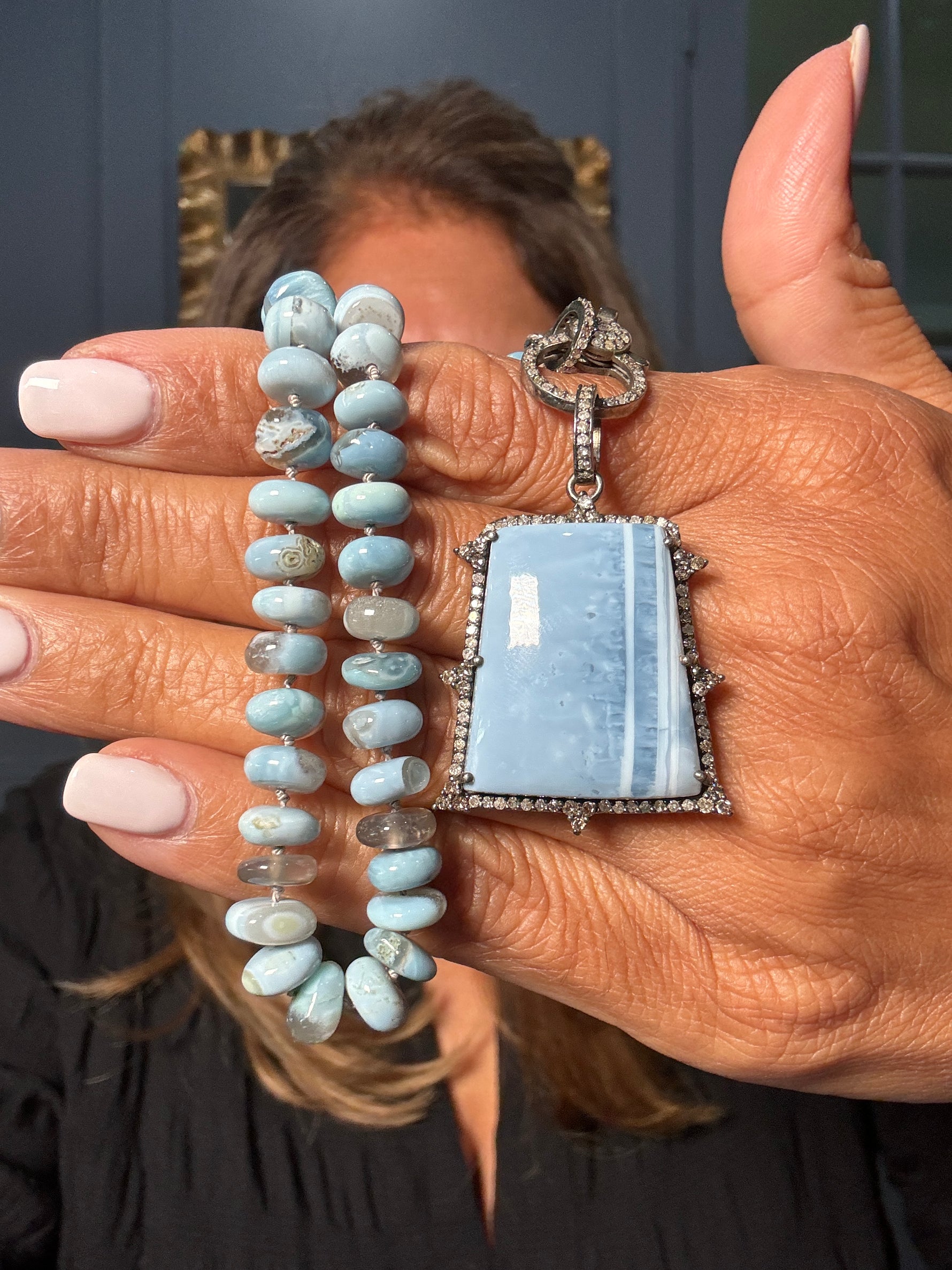 18" Owyhee Blue Opal Necklace with Diamond Clasp & Rectangular Owyhee Opal Pendant | Ulka Rocks