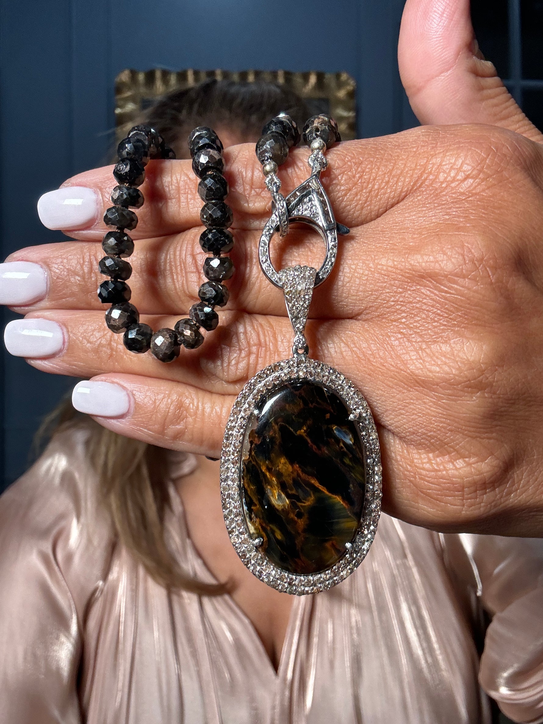18" Metallic Gemstone Necklace with Diamond Clasp & Pietersite Pendant | Ulka Rocks