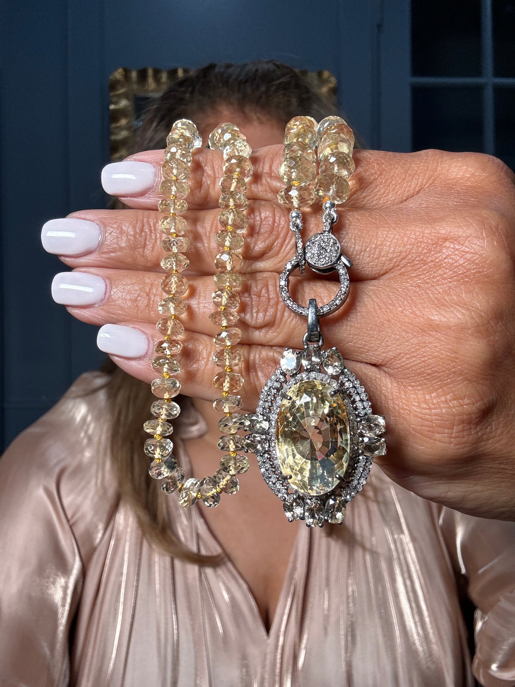 18" Scapolite Necklace with Diamond Clasp & Yellow Citrine Pendant | Ulka Rocks