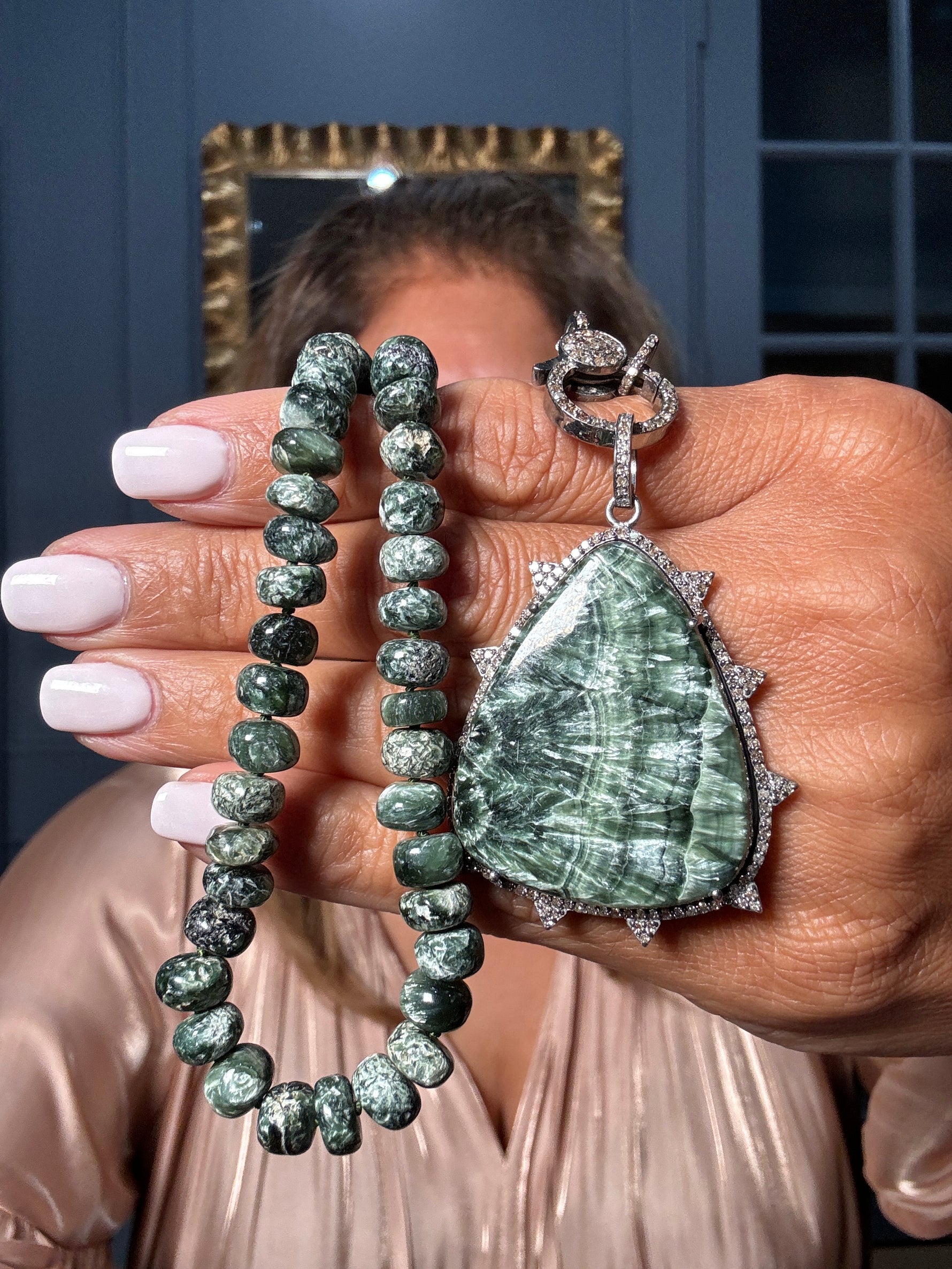 18" Green Seraphinite Necklace with Diamond Clasp & Seraphinite Pendant | Ulka Rocks