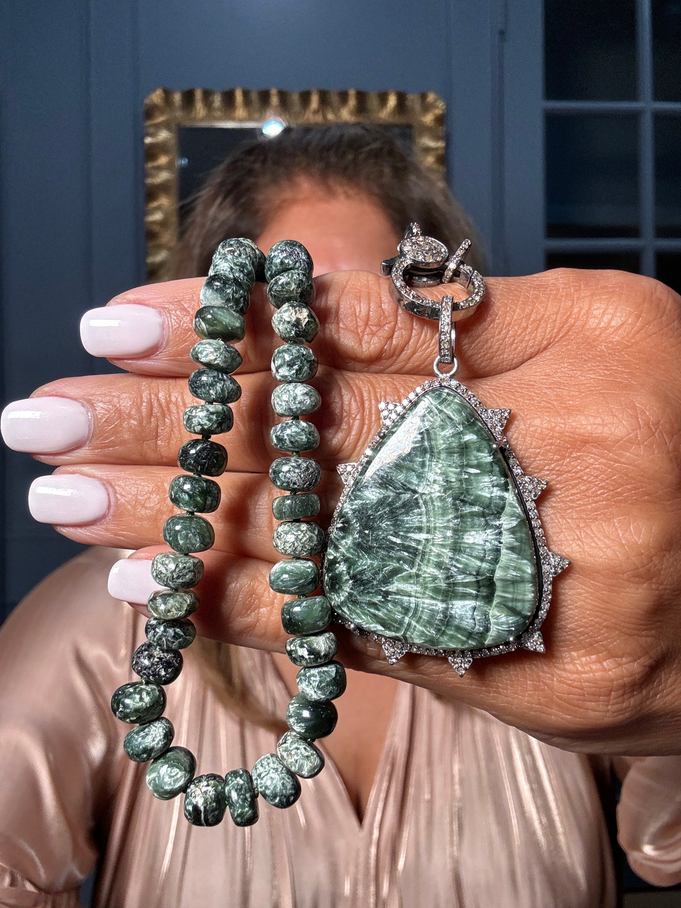 18” forest green seraphinite necklace with silvery inclusions, paired with a large pear-shaped seraphinite pendant framed in pavé diamonds. A richly grounded Ulka Rocks collector piece.