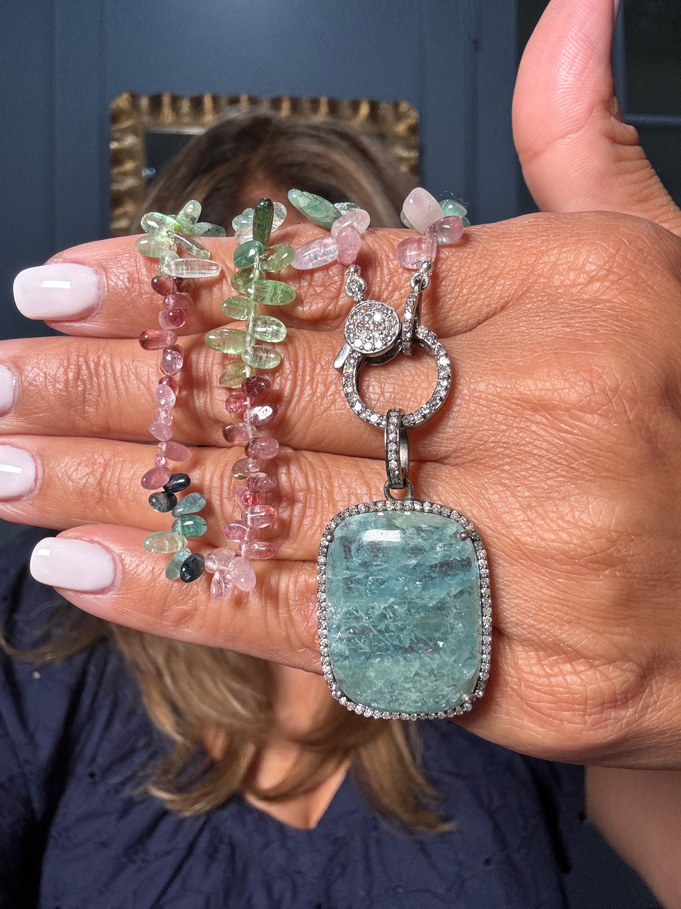 18” necklace with soft-hued tourmaline beads and a cushion-cut blue tourmaline pendant framed in diamonds — a unique Ulka Rocks design for confident, polished styling.