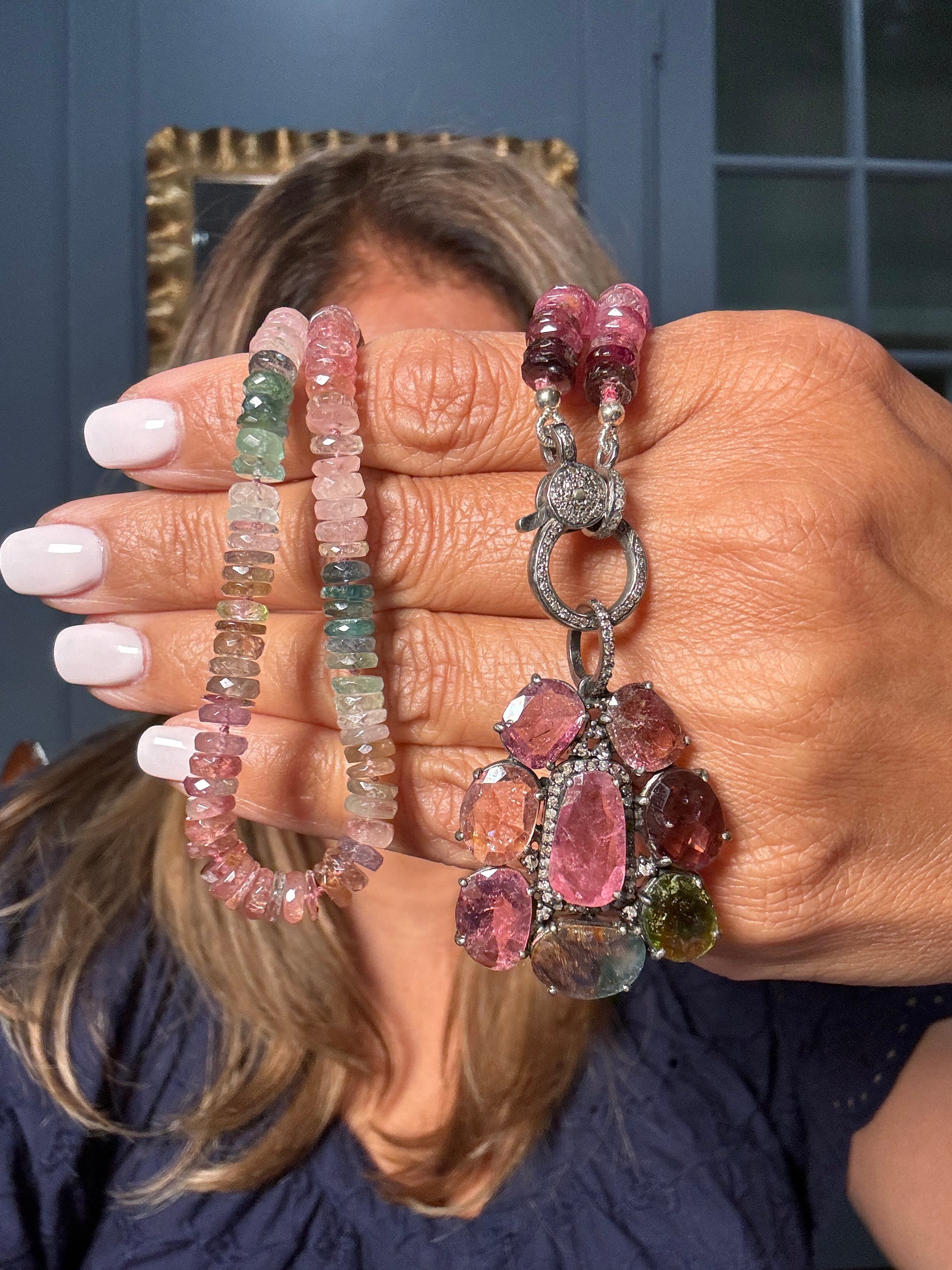 18" Pink Tourmaline Necklace with Diamond Clasp & Multistone Cluster Pendant | Ulka Rocks