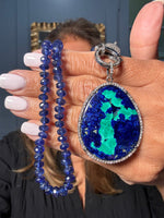 19" Blue Green Sapphire Necklace with Diamond Clasp & Russian Azurite Pendant | Ulka Rocks