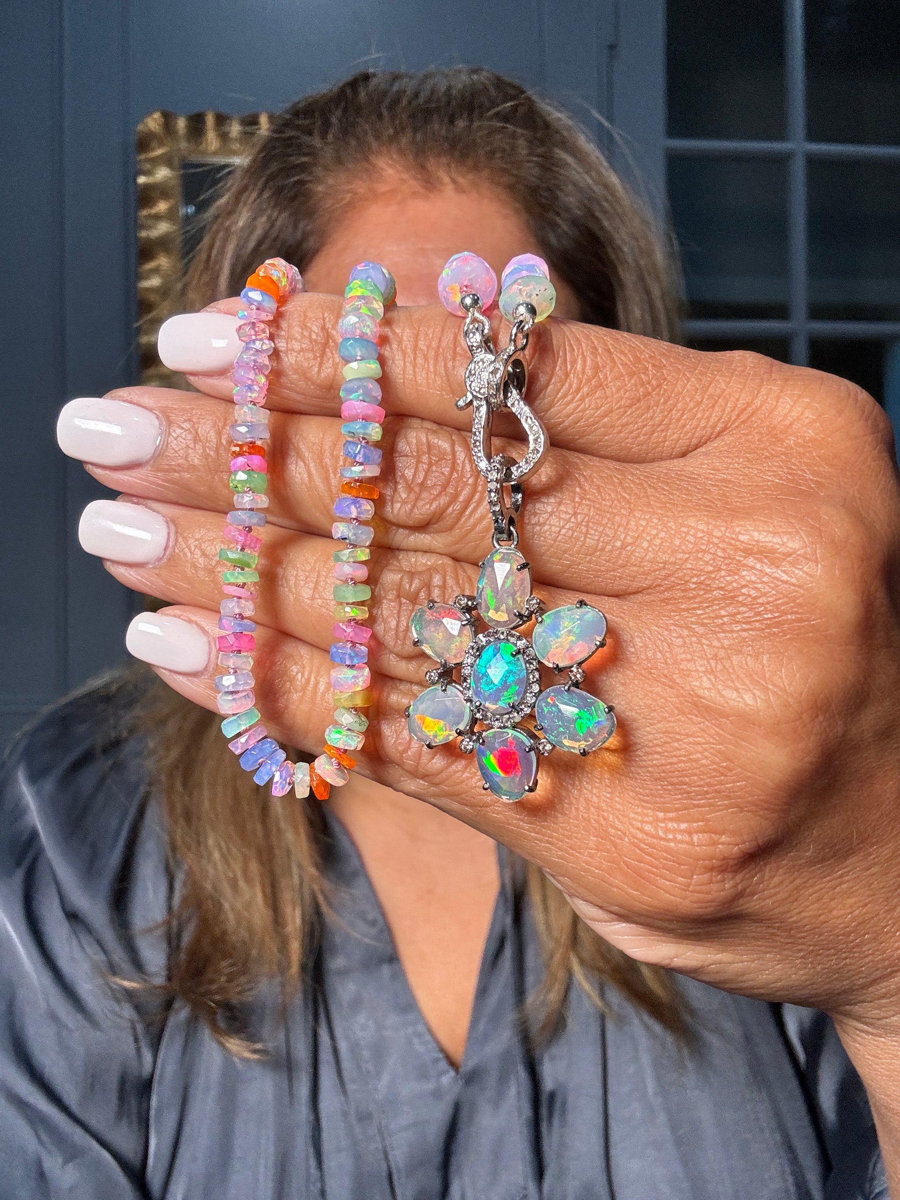 19" Ethiopian Rainbow Opal Necklace with Diamond Clasp & Opal Flower Pendant | Ulka Rocks