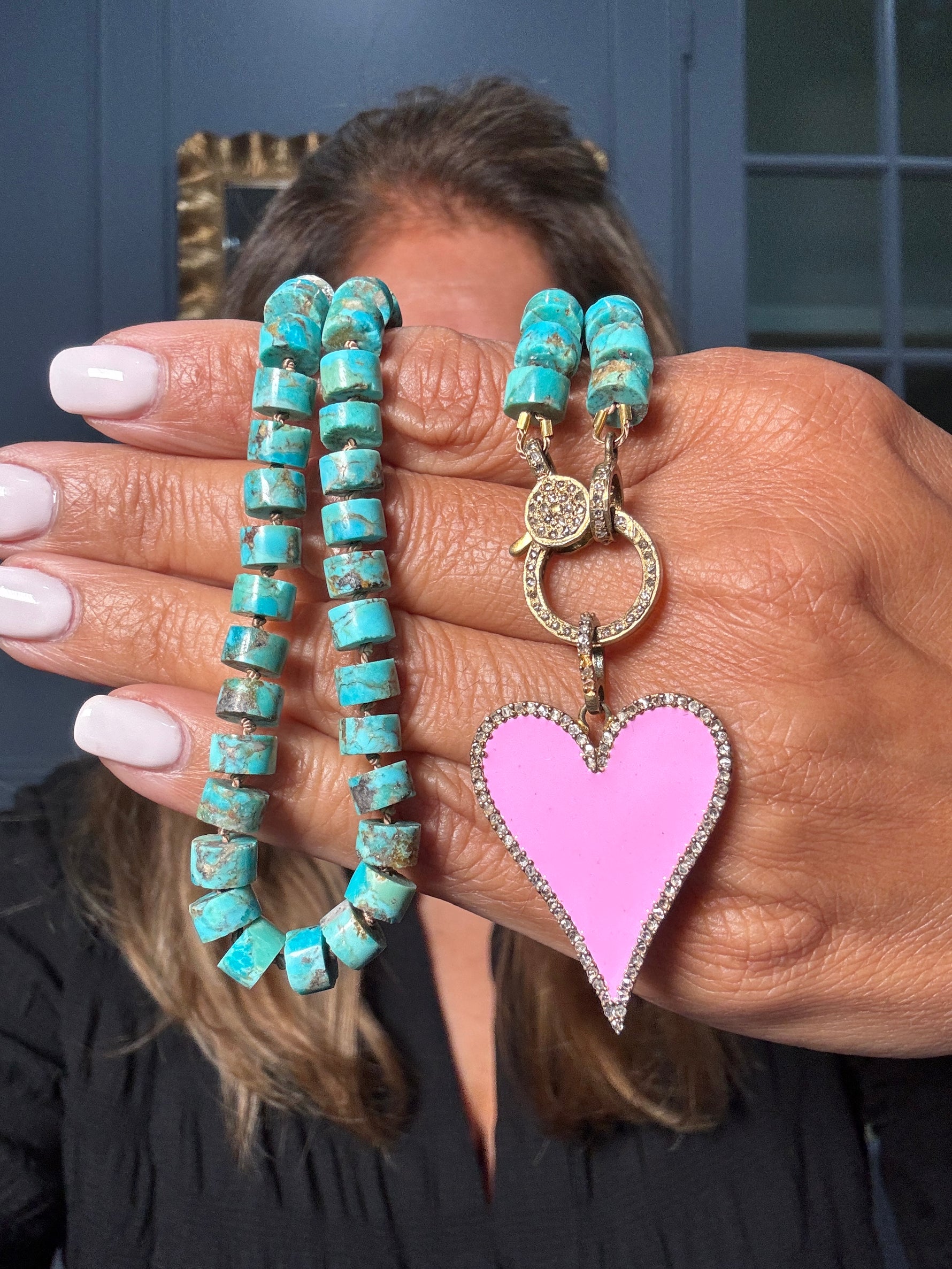 19" Kingman Pink Turquoise Necklace with Gold-plated Diamond Clasp & Pink Enamel Heart Pendant | Ulka Rocks