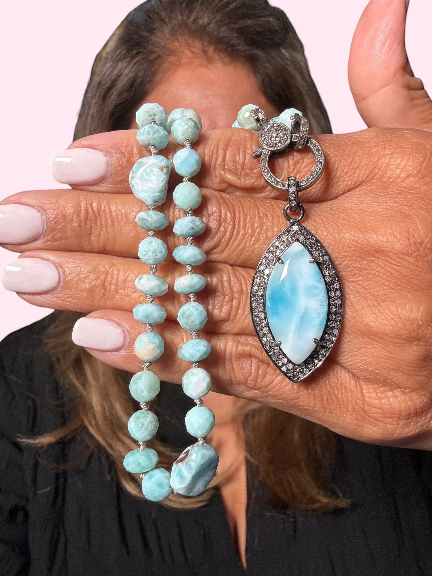 19" Blue Larimar Necklace with Diamond Clasp & Marquise Larimar Pendant | Ulka Rocks