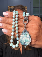 19" Larimar Necklace with Diamond Clasp & Green Opalized Wood Pendant | Ulka Rocks