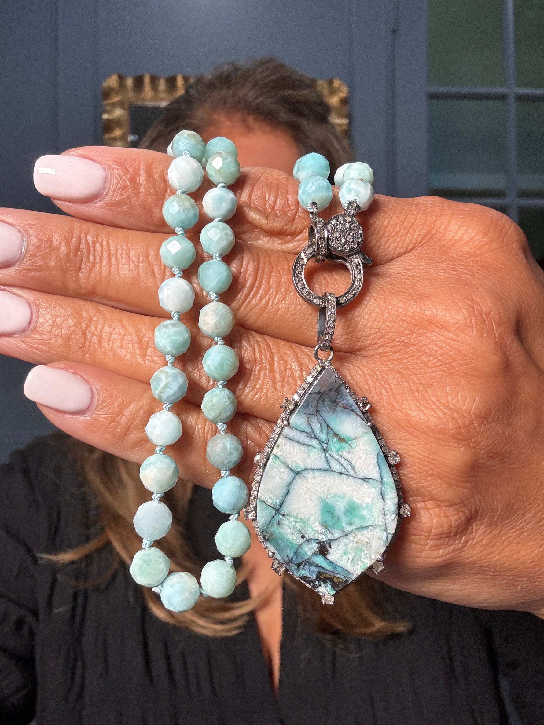 19" Larimar Necklace with Diamond Clasp & Green Opalized Wood Pendant | Ulka Rocks