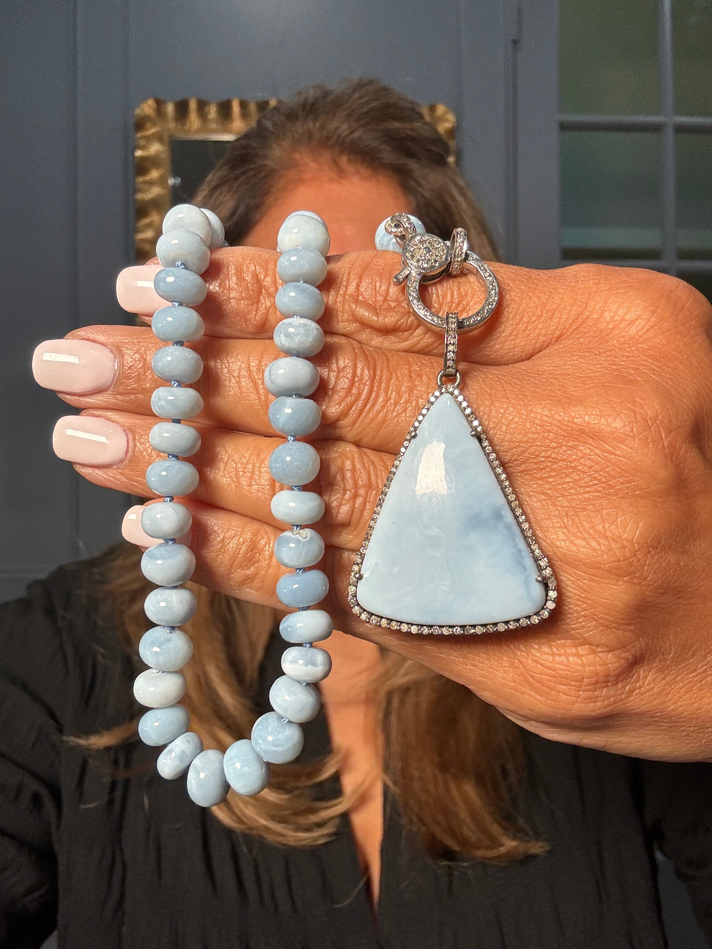 Light blue Owyhee opal necklace with matching triangular opal pendant framed in diamonds, finished with a sterling silver diamond clasp. One-of-a-kind Ulka Rocks design.