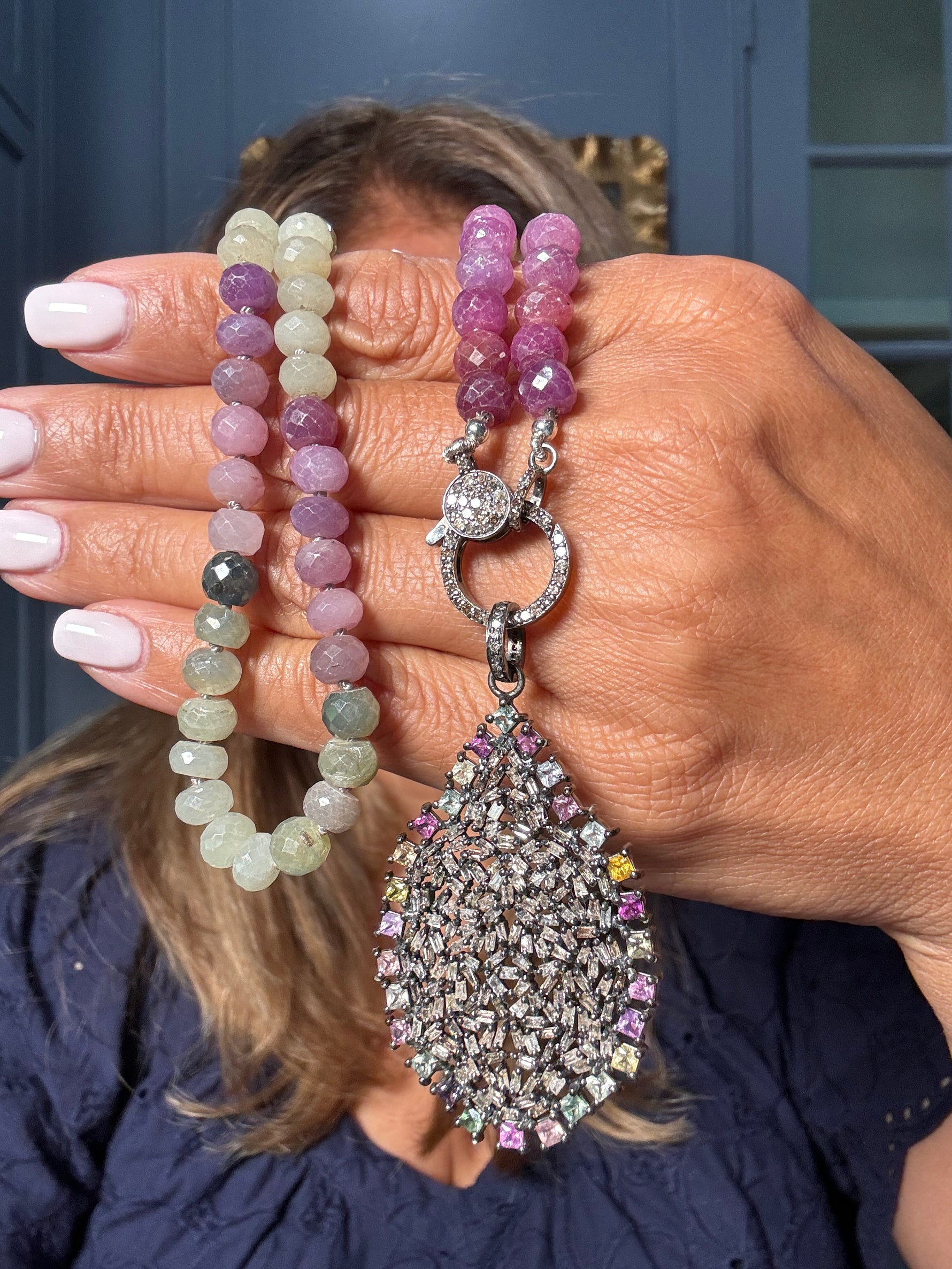 19" Pastel Pink Sapphire Necklace with Diamond Clasp & Sapphire Lattice Pendant | Ulka Rocks