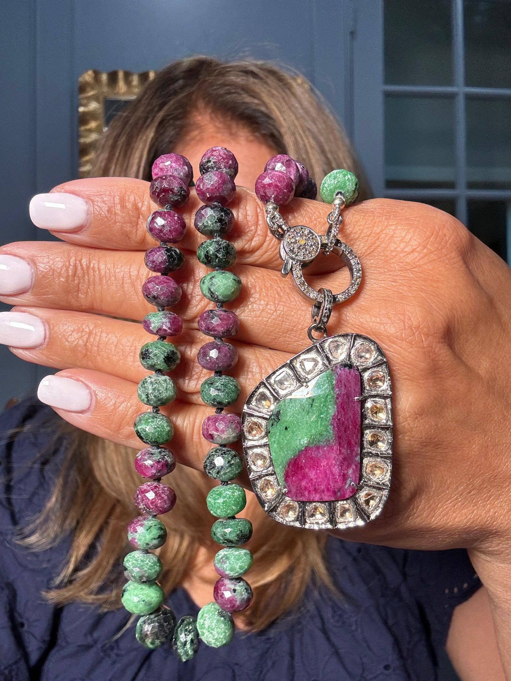 19" Pink Ruby Zoisite Necklace with Diamond Clasp & Bold Slice Pendant | Ulka Rocks