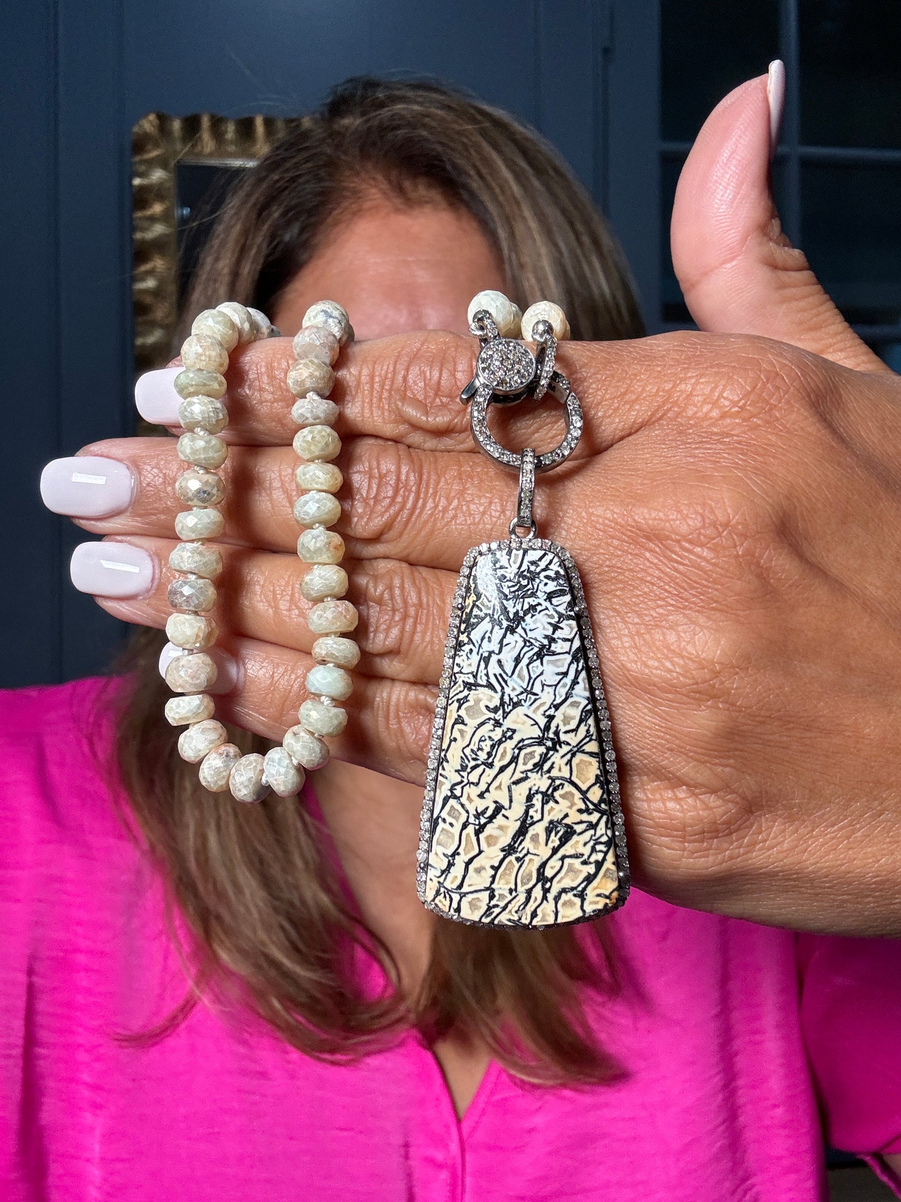 19" Silverite Necklace with Diamond Clasp & Fossilized Dinosaur Bone Pendant | Ulka Rocks