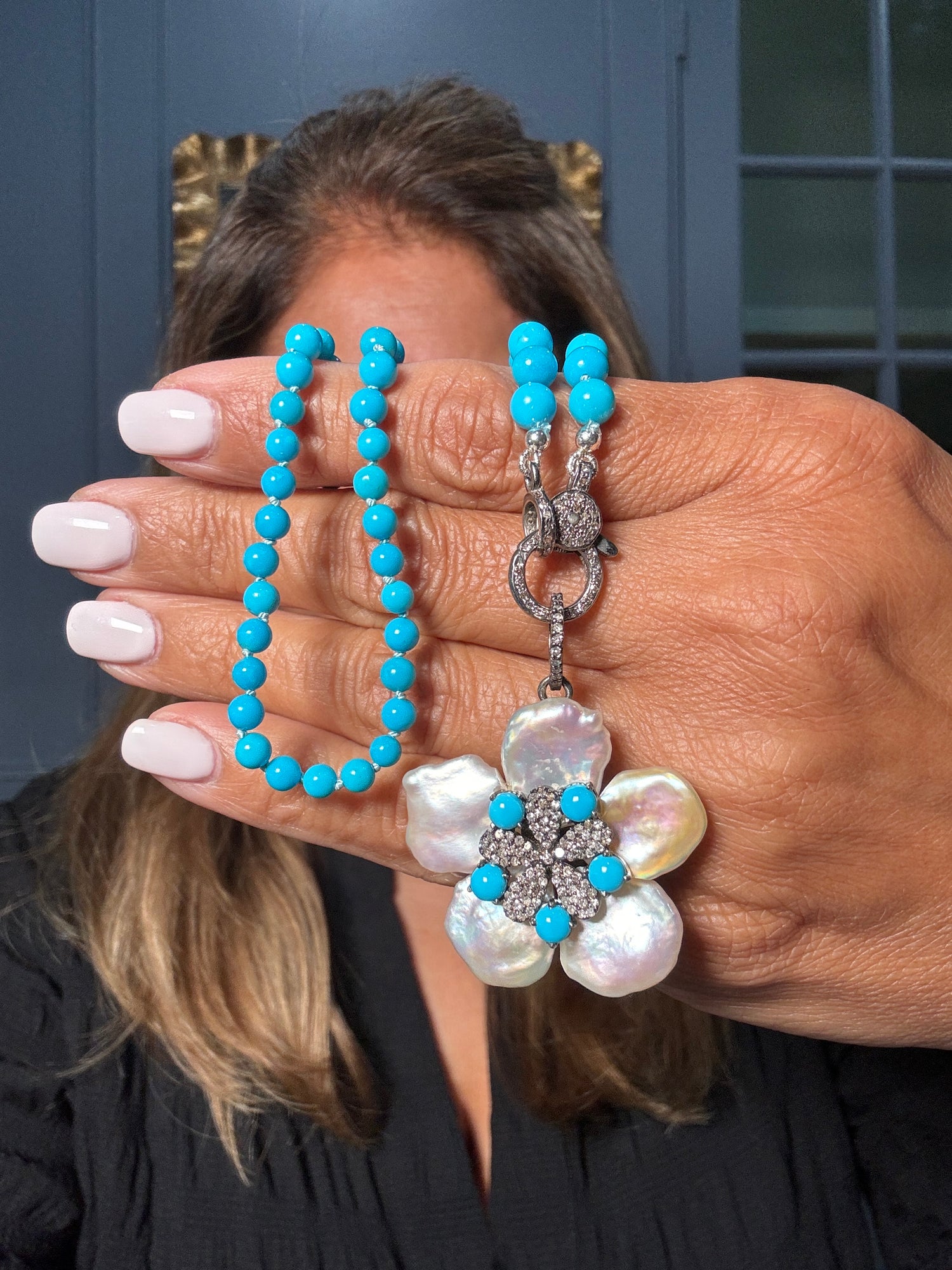 19" Sleeping Beauty Turquoise Necklace with Diamond Clasp & Blue Pearl Flower Pendant | Ulka Rocks