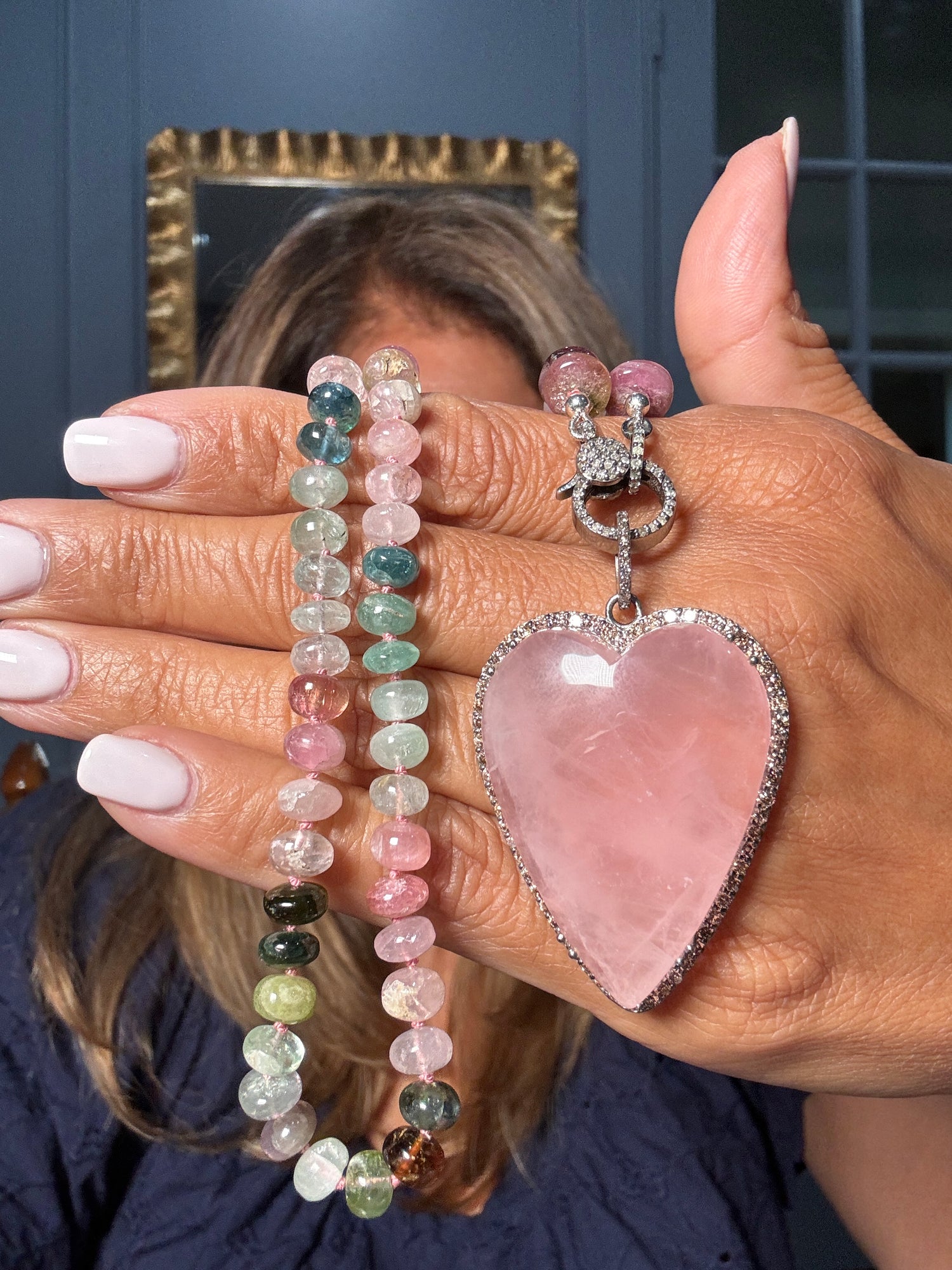 19" Tourmaline Necklace with Diamond Clasp & Rose Pink Quartz Heart Pendant | Ulka Rocks