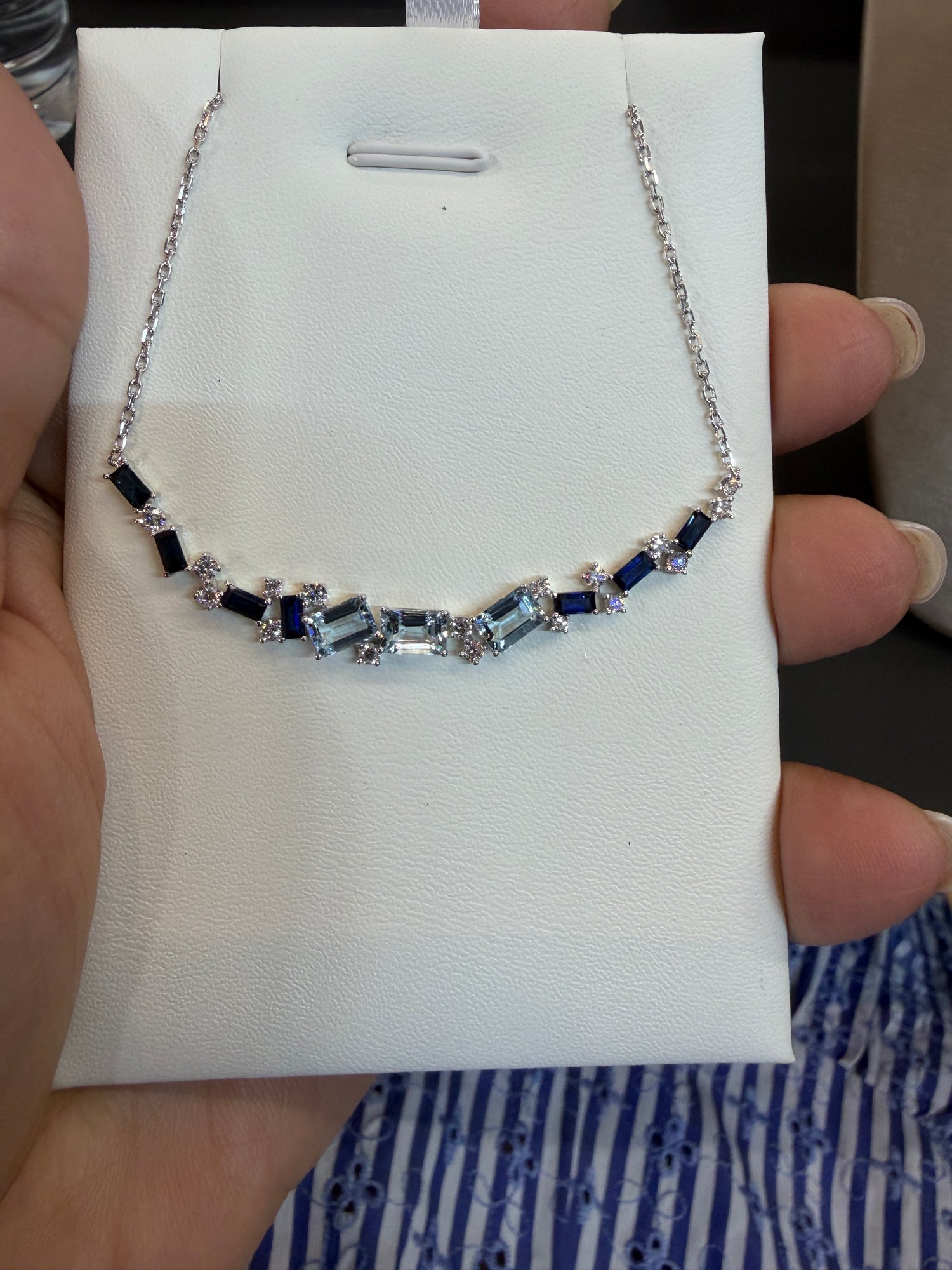 14k White Gold Necklace With Sapphire And Aquamarine 18 inches
