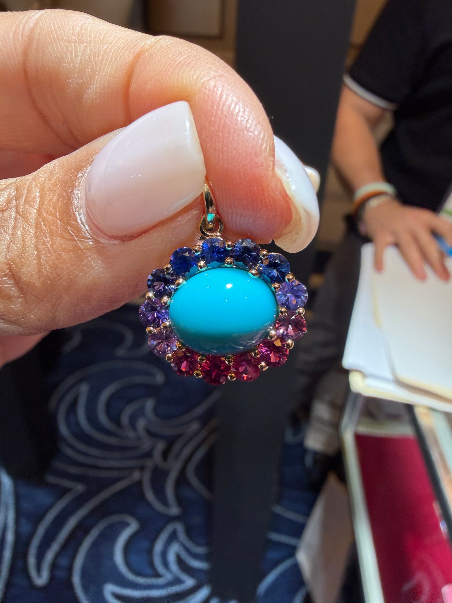 14k Yellow Gold Pendant With Turquoise And Sapphire