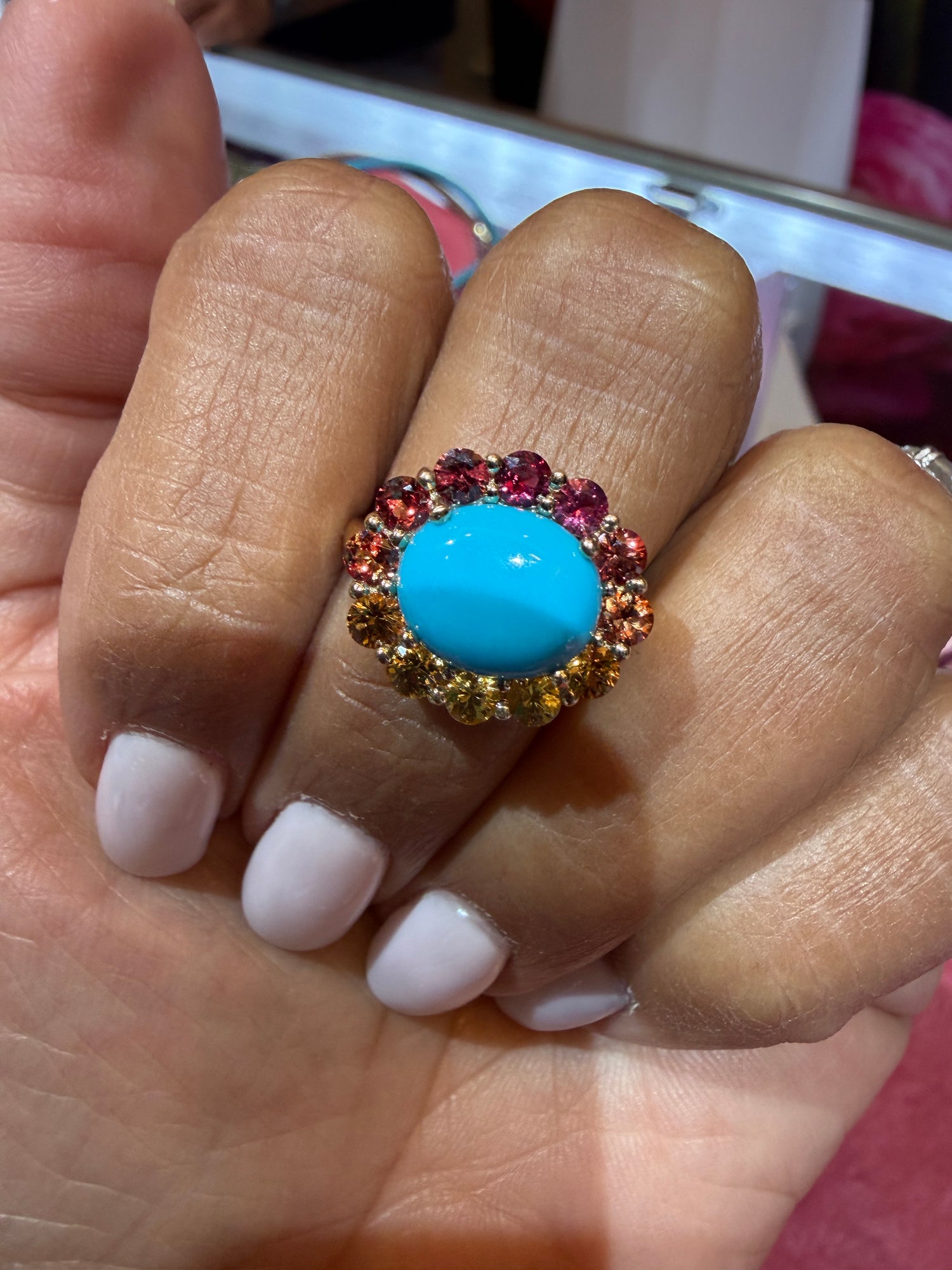 14k Yellow Gold Ring With Turquoise And Sapphire Size 7