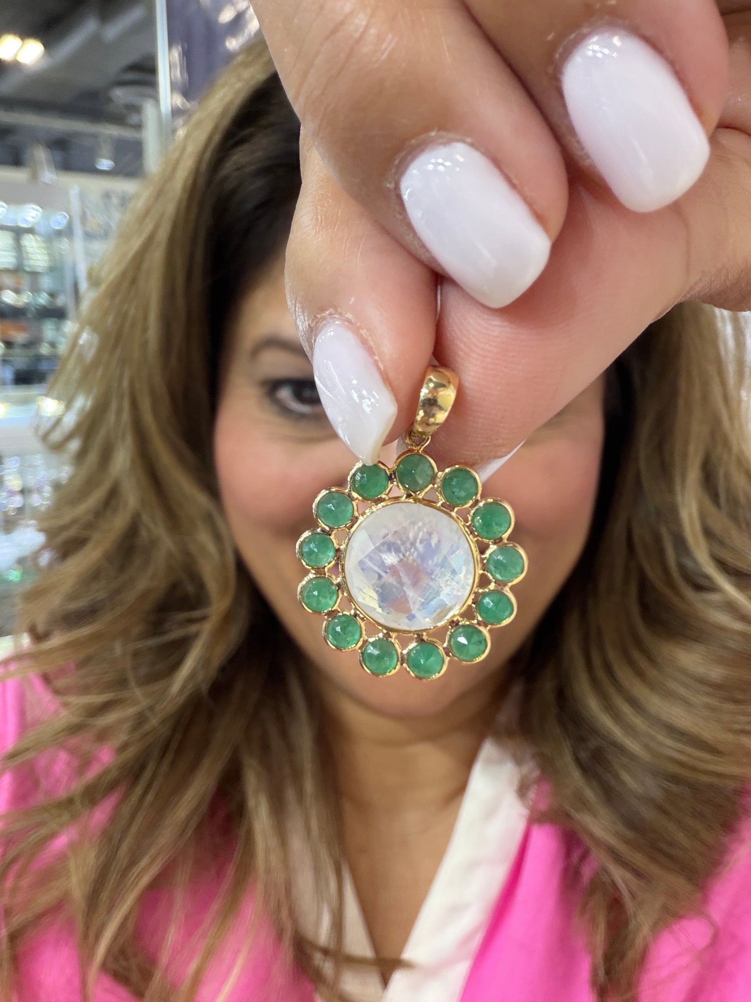 14k Yellow Gold Pendant With Emerald And Moonstone