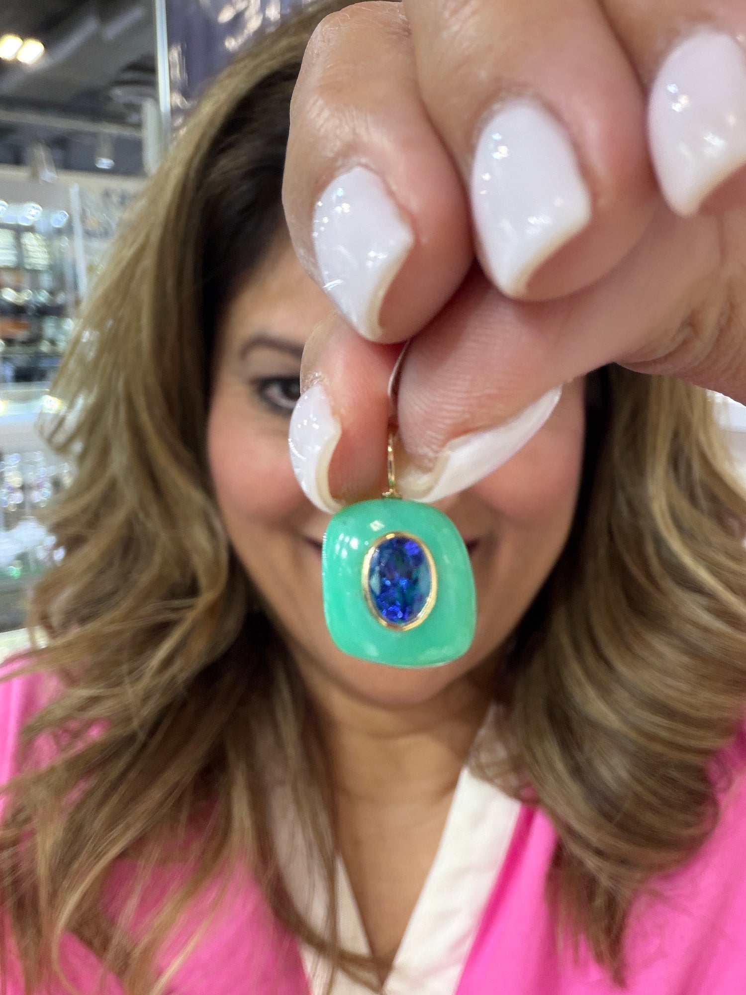 14k Yellow Gold Pendant With Chrysoprase And Sapphire
