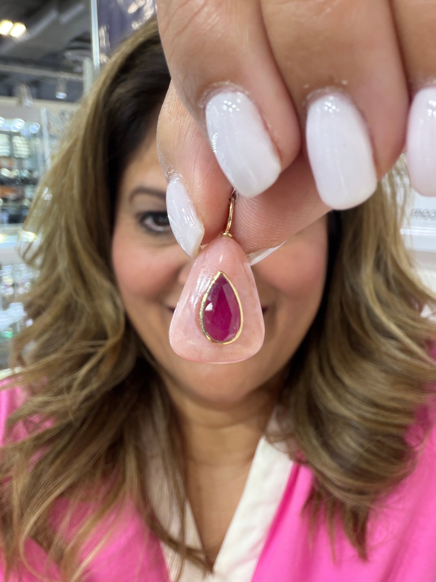 14k Yellow Gold Pendant With Pink Opal And Ruby