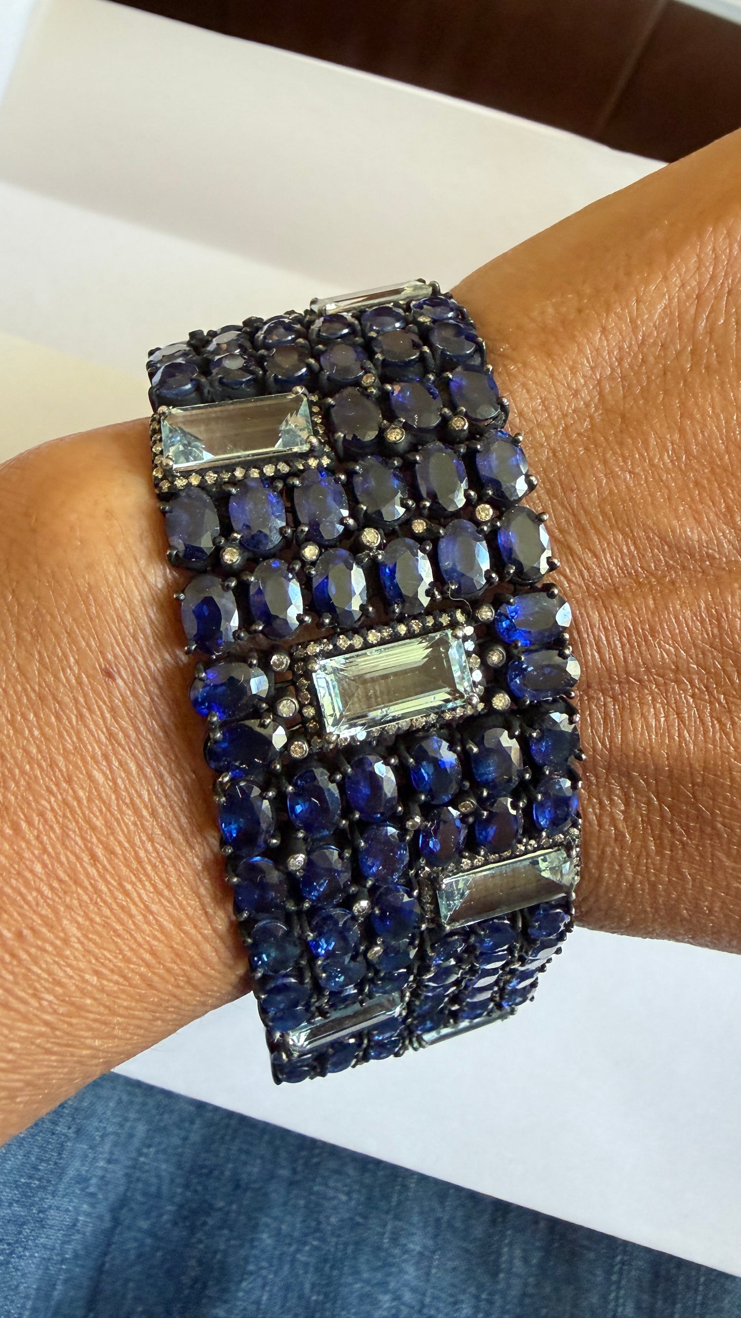 Sterling Silver Statement Cuff With Kyanite And Aquamarine 7 inches