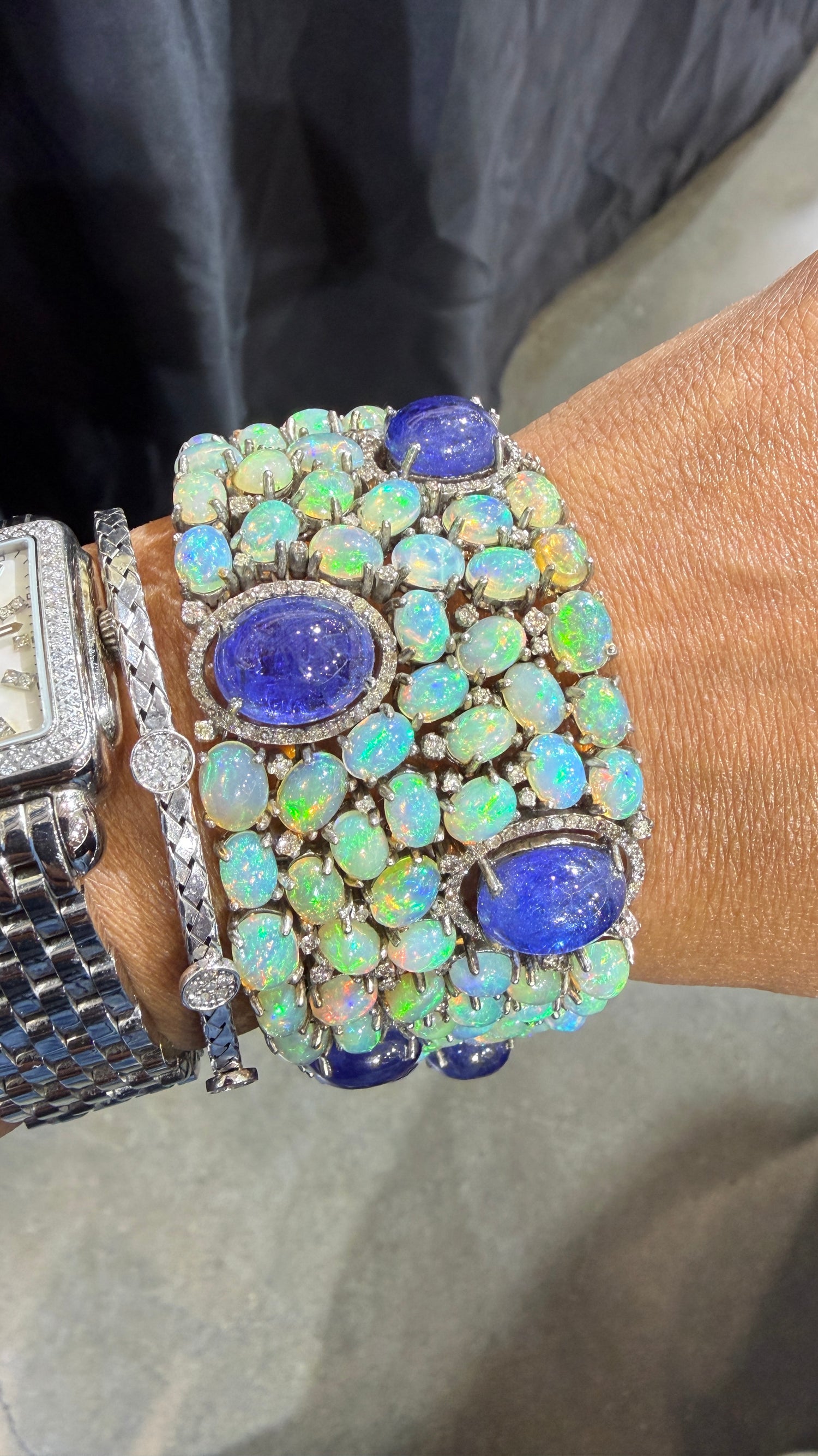 Sterling Silver Bracelet With Ethiopian Opal And Tanzanite Cabochons 7 inches