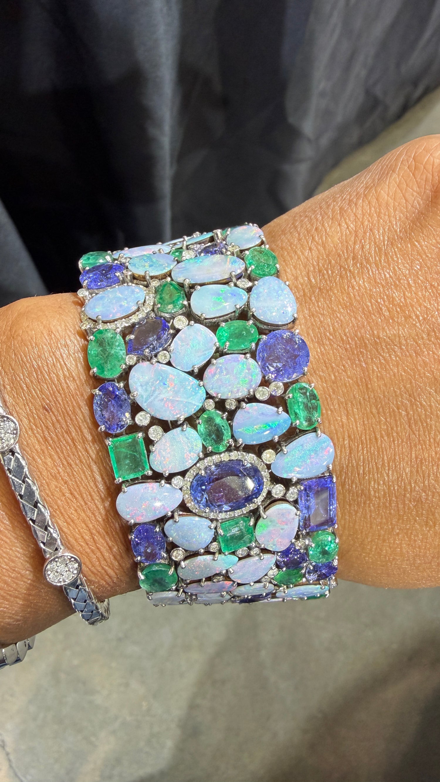 Sterling Silver Bracelet With Ethiopian Opal, Emerald And Tanzanite 7 inches