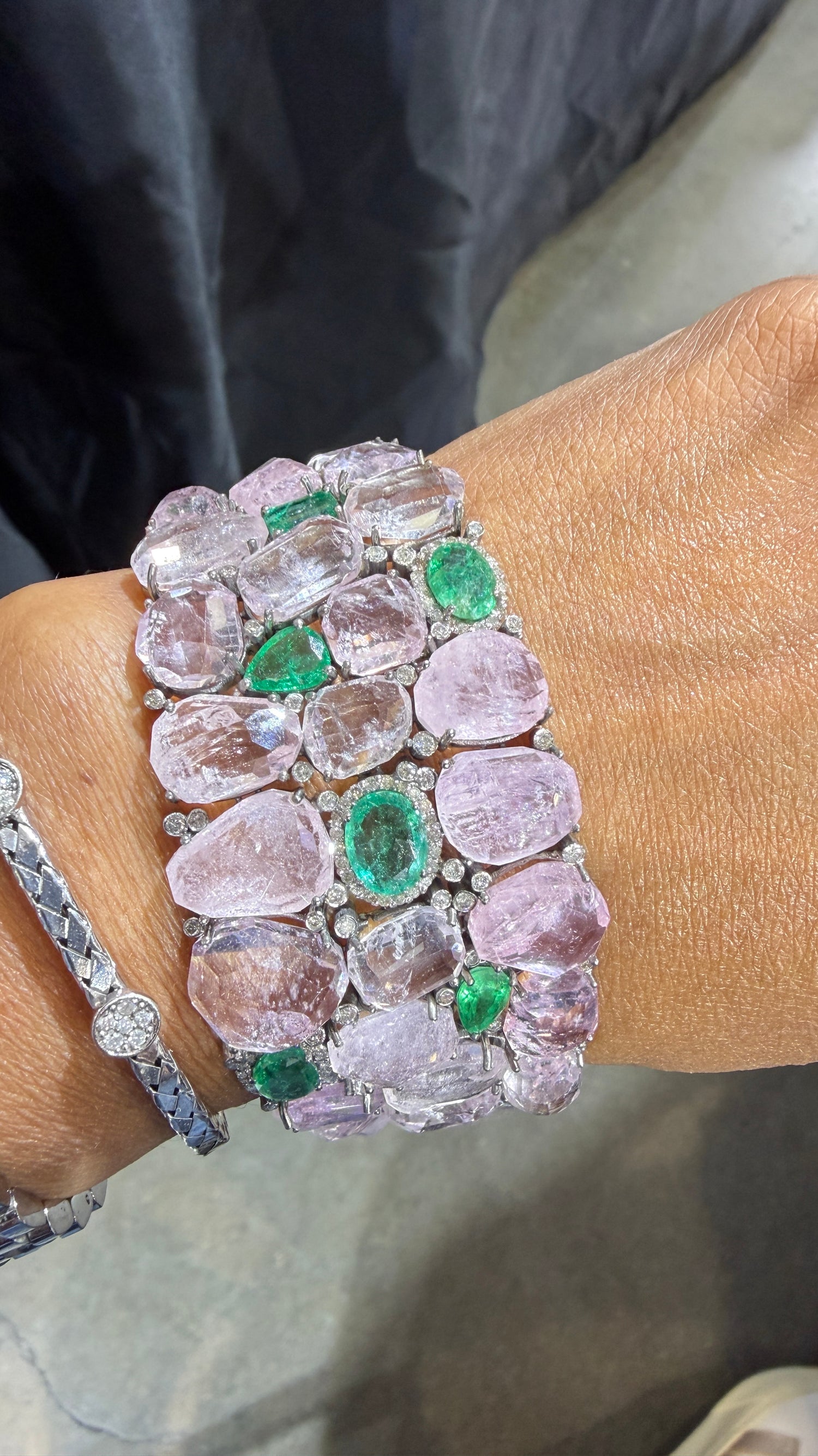 Sterling Silver Bracelet With Morganite And Emerald 7 inches