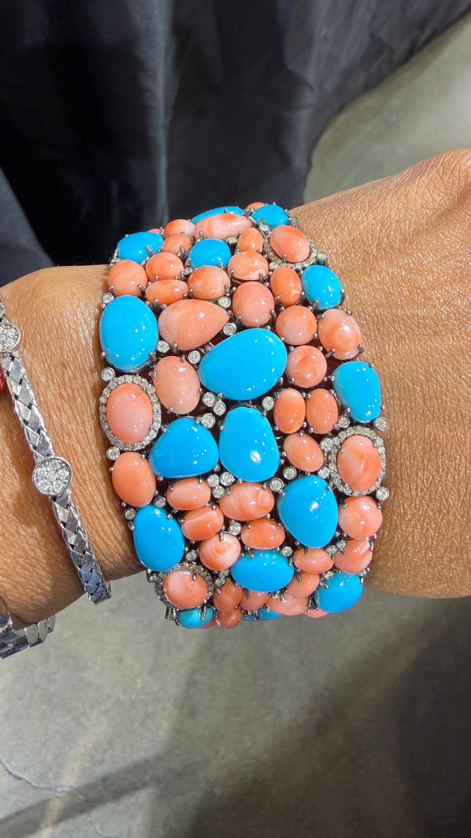 Sterling Silver Bracelet With Coral And Sleeping Beauty Turquoise 7 inches