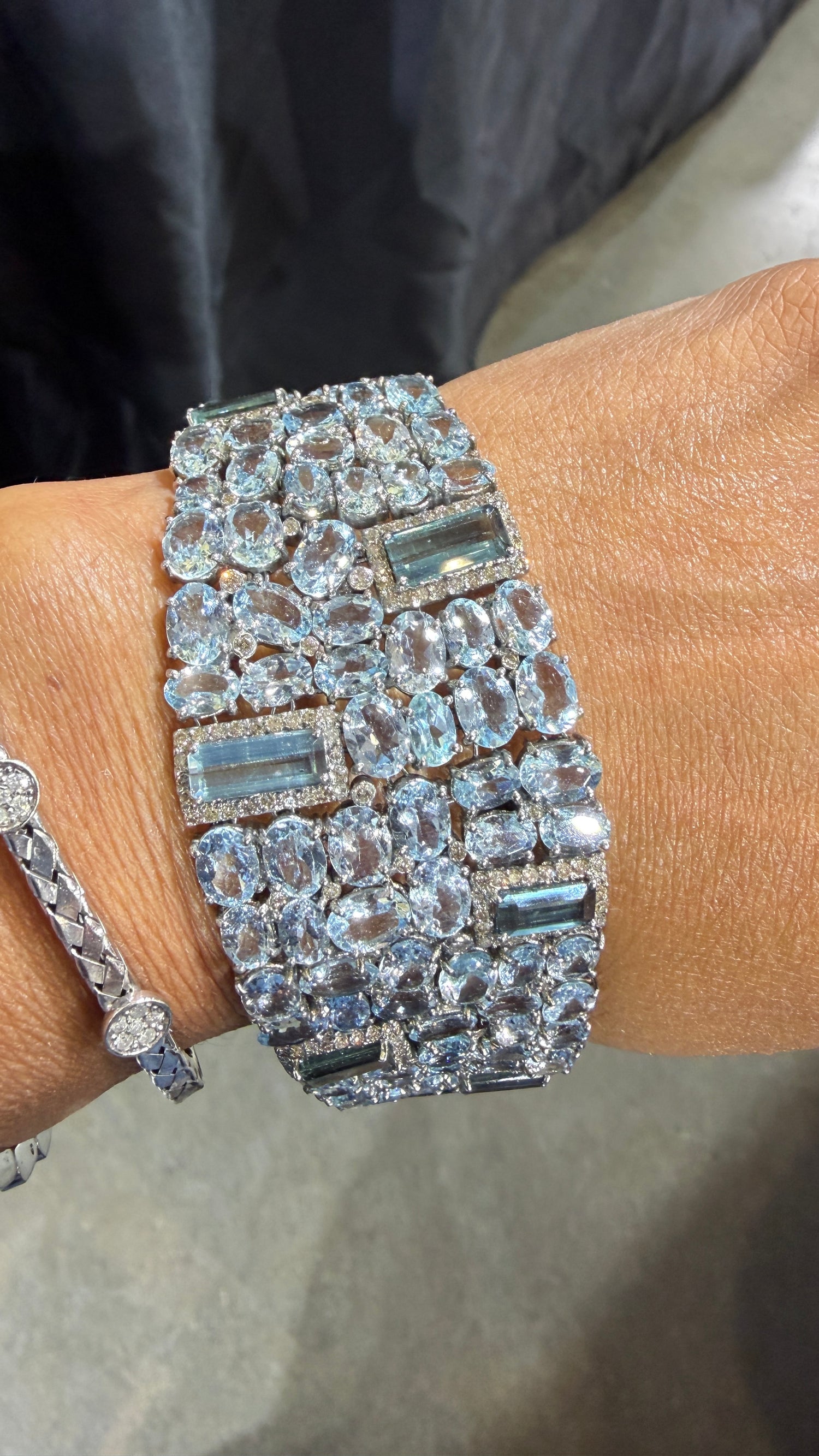 Sterling Silver Cuff Bracelet With Oval And Emerald Cut Aquamarine 7 inches