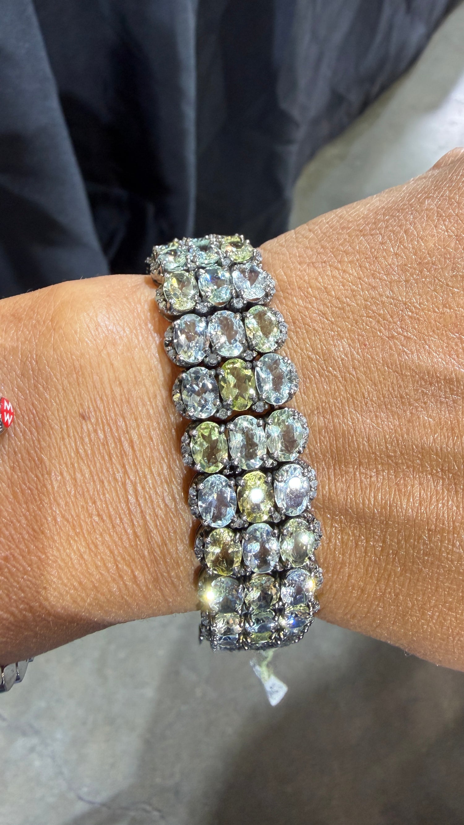 Sterling Silver Three Row Bracelet With Green And Blue Aquamarine 7 inches