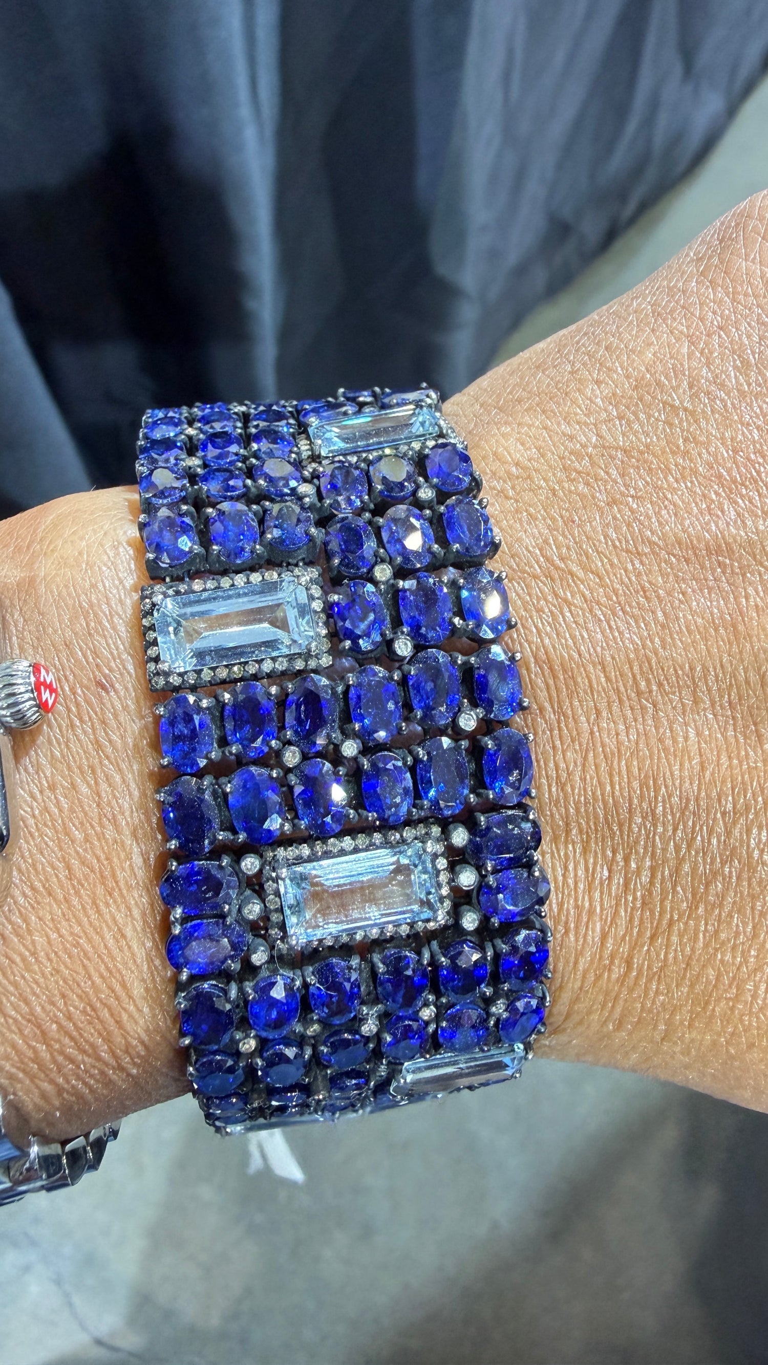 Sterling Silver Cuff Bracelet With Kyanite And Aquamarine Baguettes 7 inches