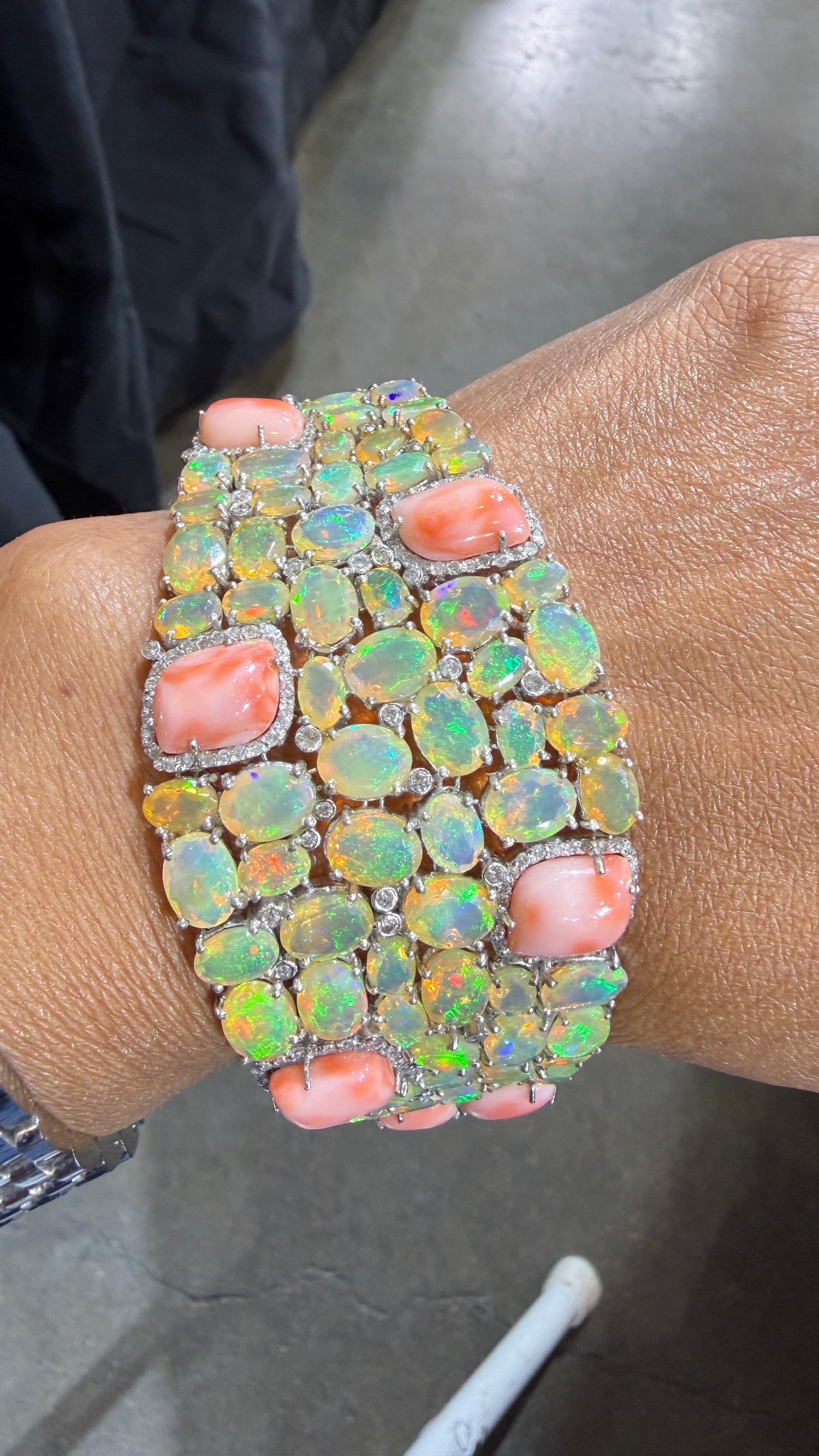 Sterling Silver Bracelet With Ethiopian Opal And Coral 7 inches