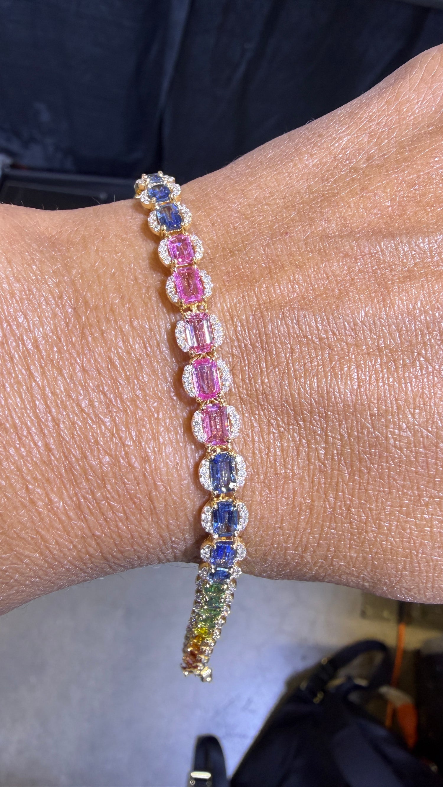 14k Yellow Gold Halo Bracelet With Rainbow Sapphires 7 inches