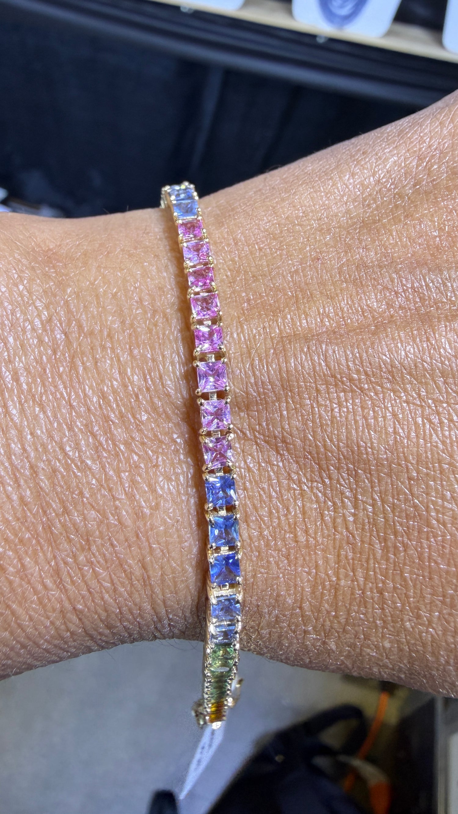 14k Yellow Gold Tennis Bracelet With Princess Cut Rainbow Sapphires 7 inches